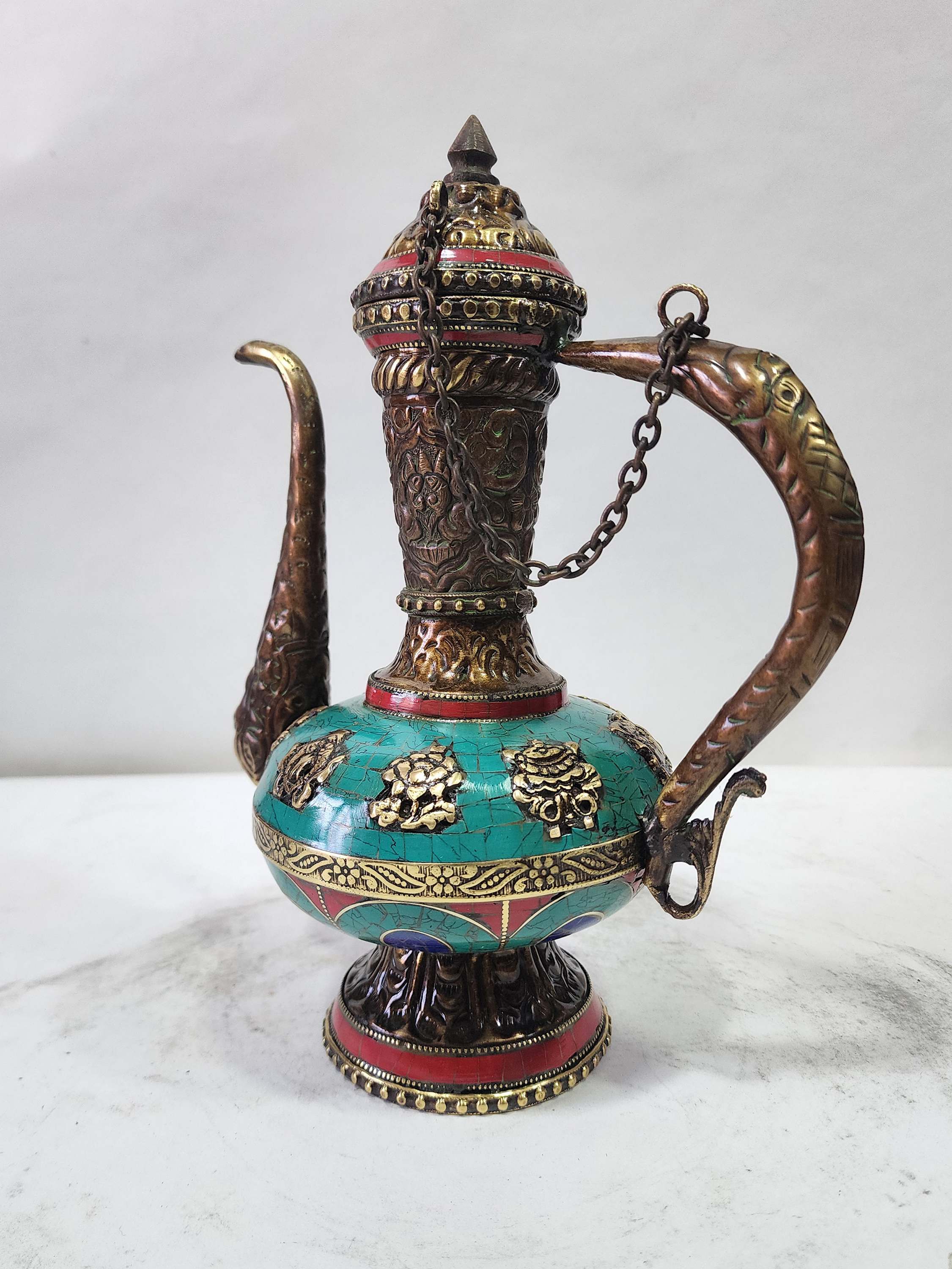 Tibetan Bhumpa- Bhumba Tea Pot, With Stone Setting, Ashtamangala