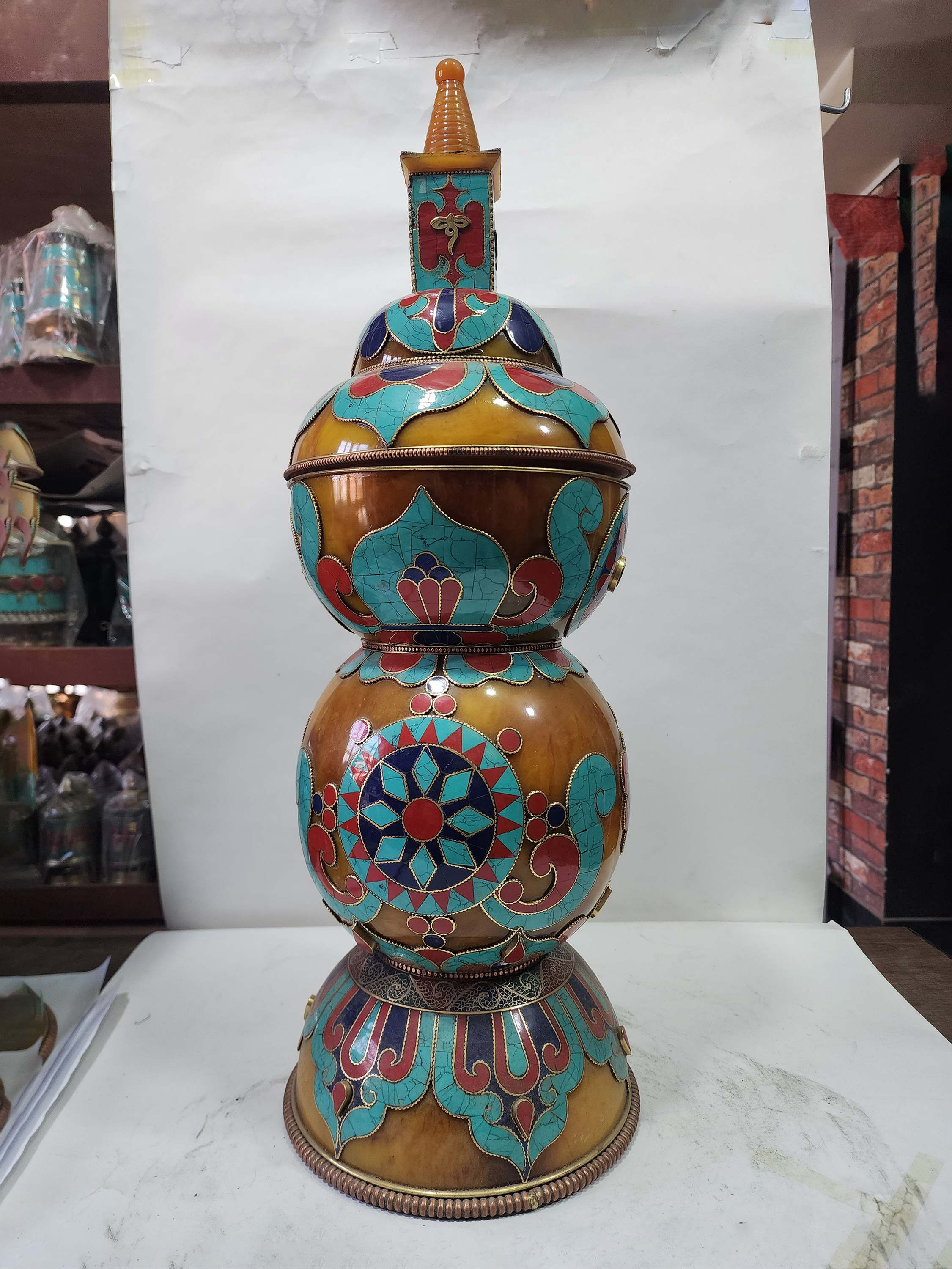 Tibetan Offering Vessel -hlyosar Stupa Box , With Stone Setting, Imitation Amber