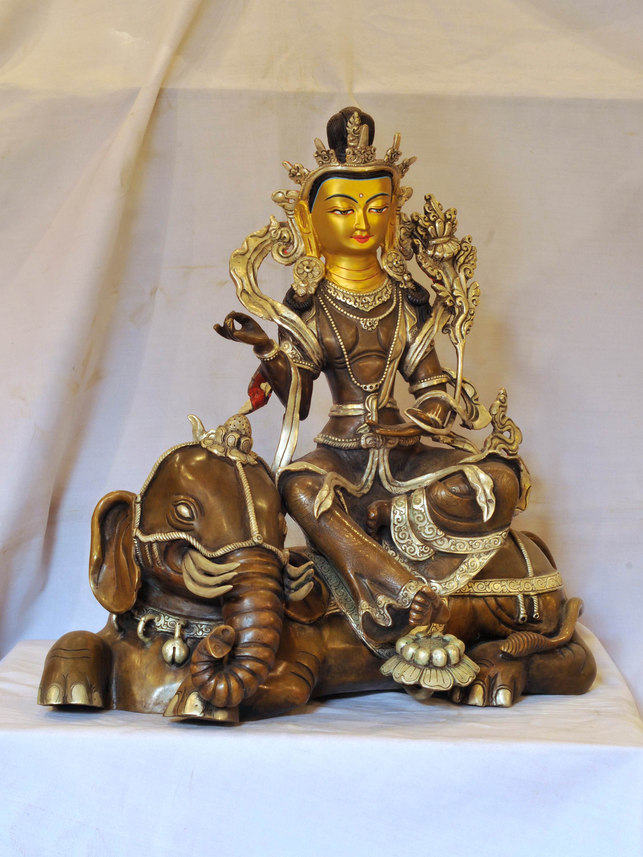 Buddhist Handmade Statue Of Samantabhadra, silver And Chocolate Oxidized, face Painted
