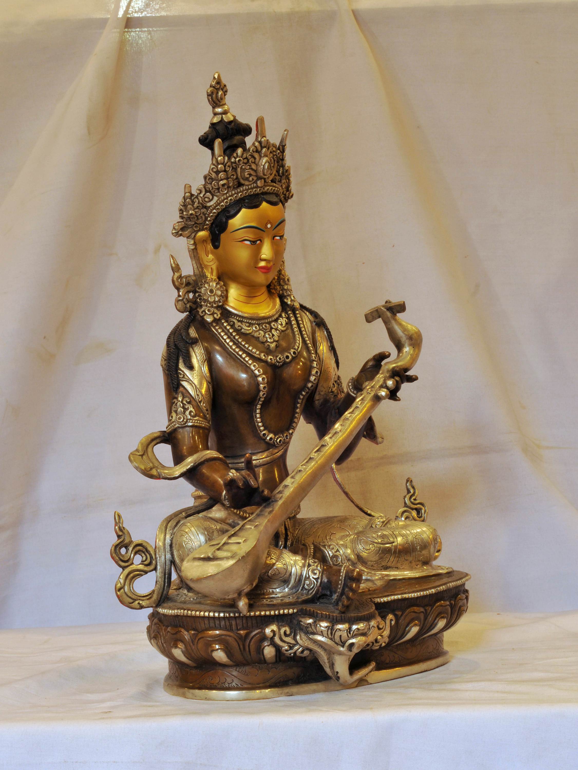 Nepali Handmade Statue Of Saraswati, silver And Chocolate Oxidized, face Painted