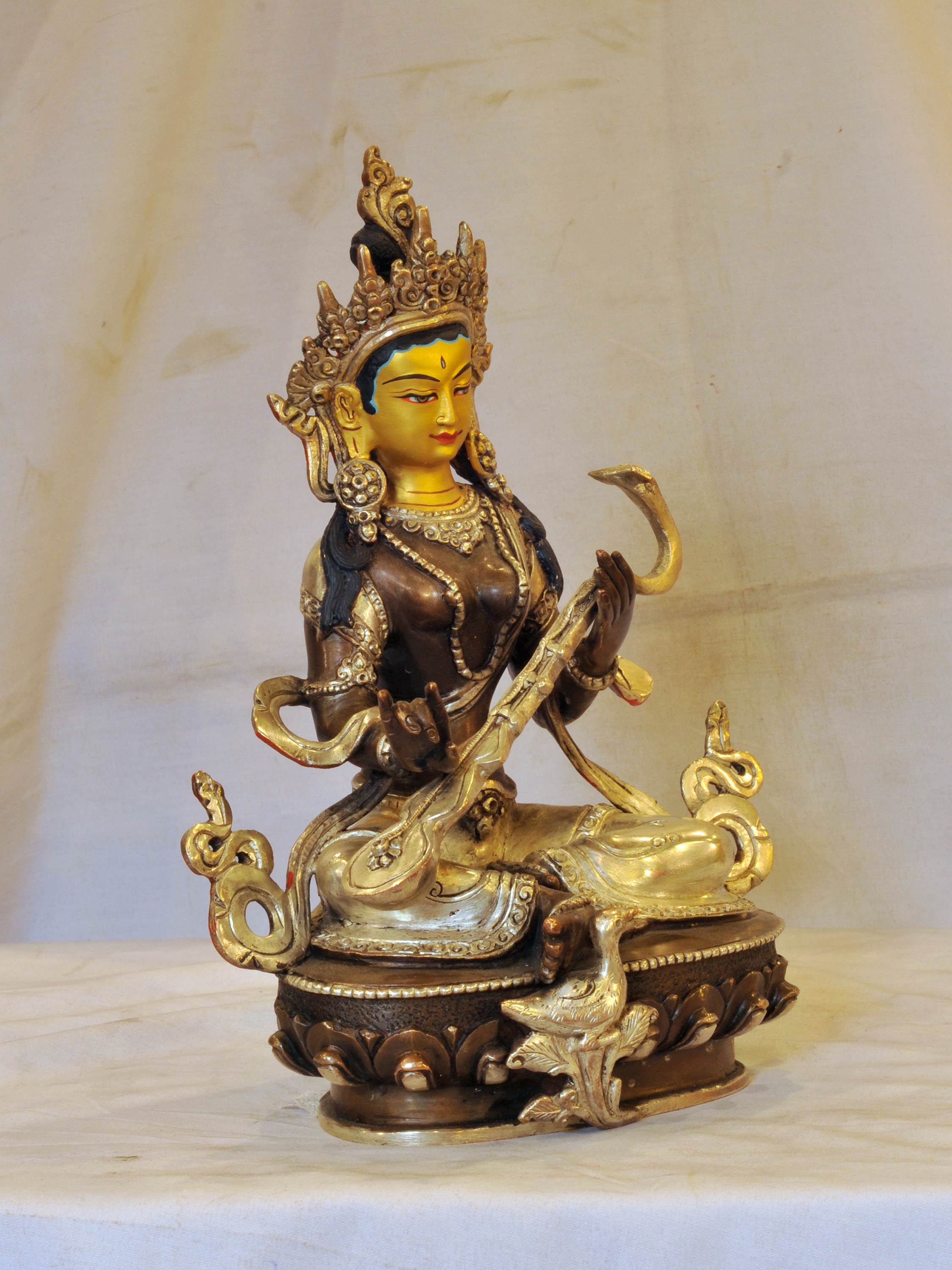 Nepali Handmade Statue Of Saraswati, silver And Chocolate Oxidized, face Painted