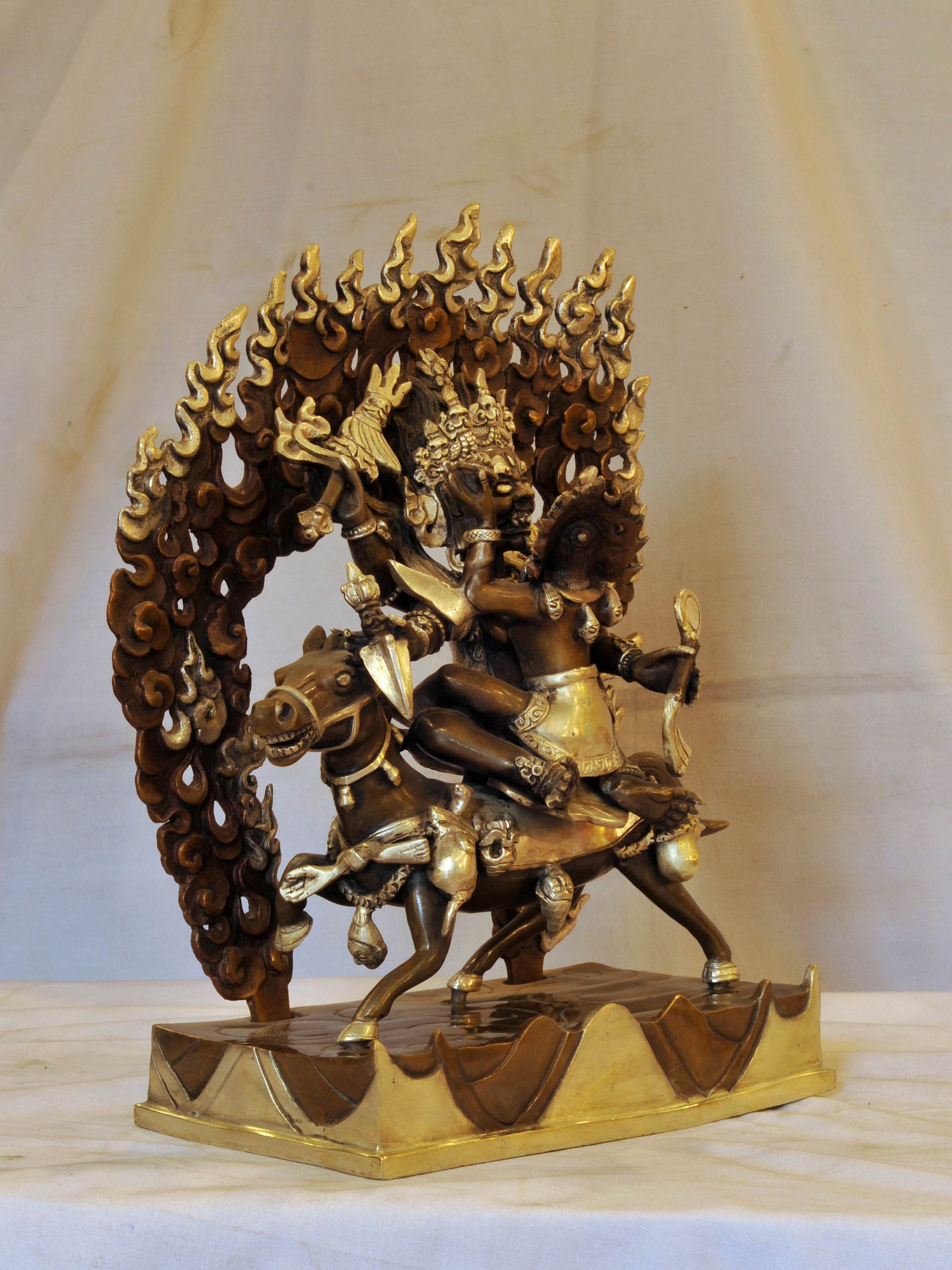 Buddhist Handmade Statue Of Tibetan Protector God, silver And Chocolate Oxidized