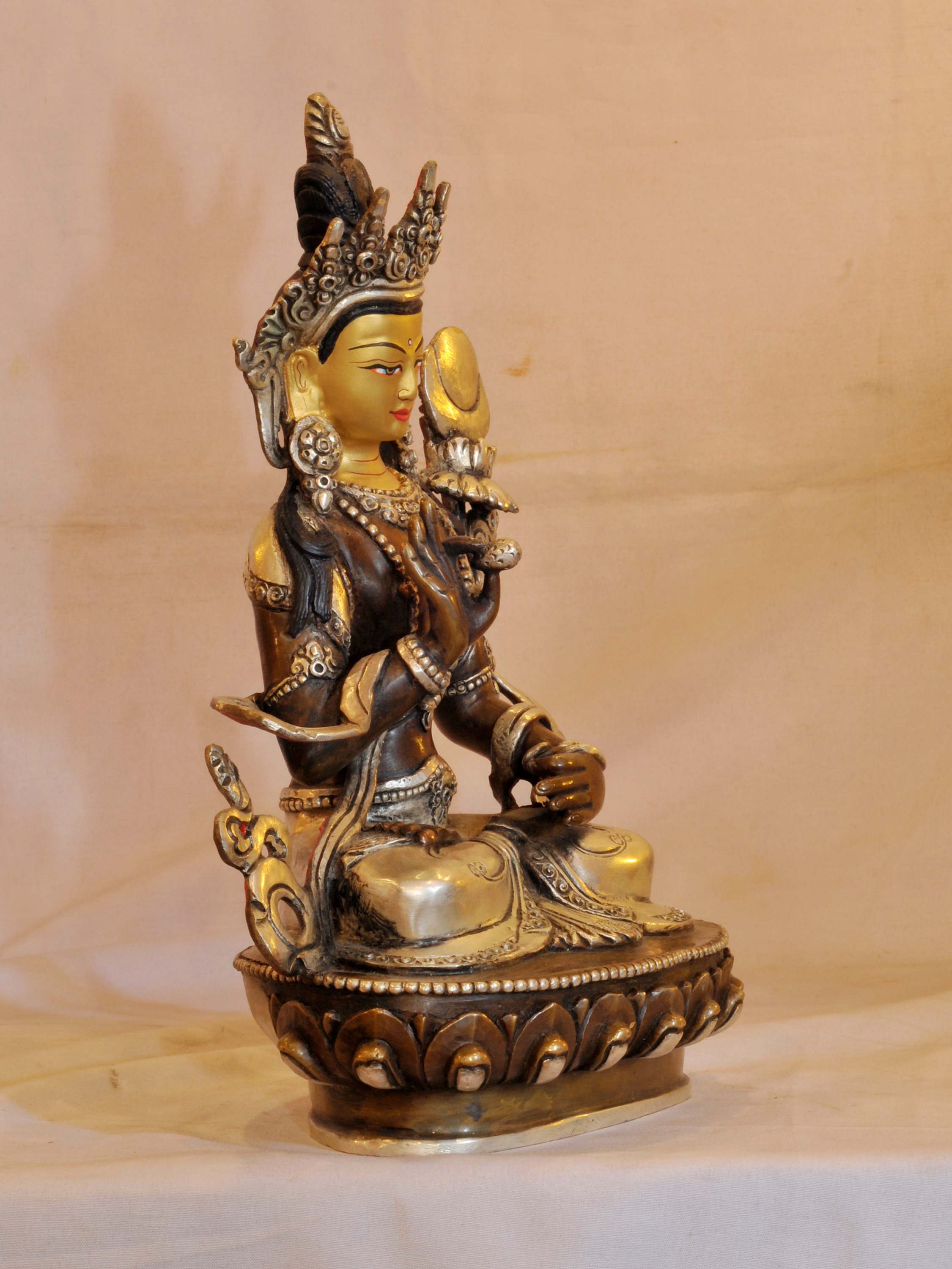 Buddhist Handmade Statue Of bodhisattva, face Painted, silver And Chocolate Oxidized