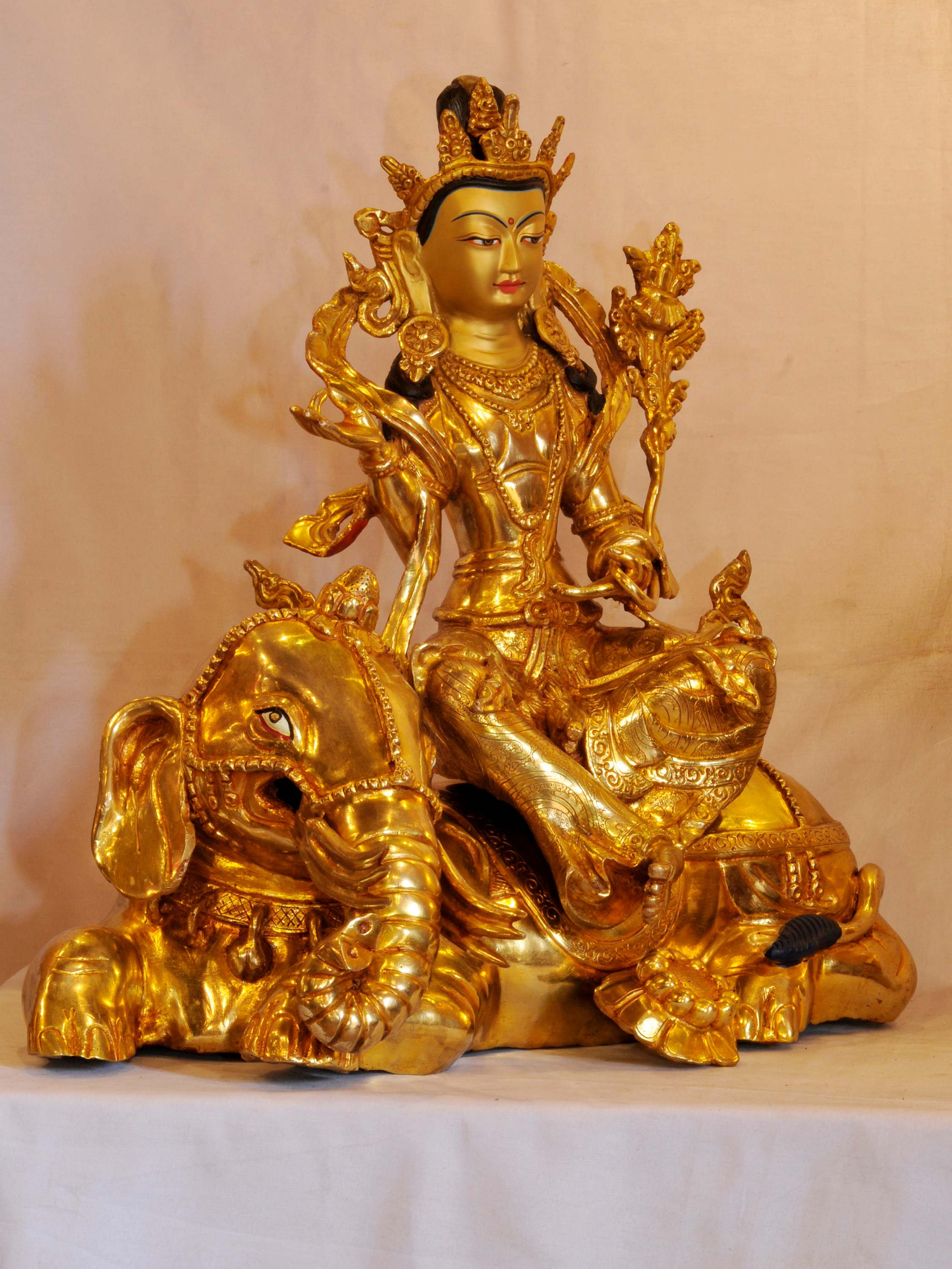 Nepali Handmade Statue Of indra On Elephant, face Painted, gold Plated