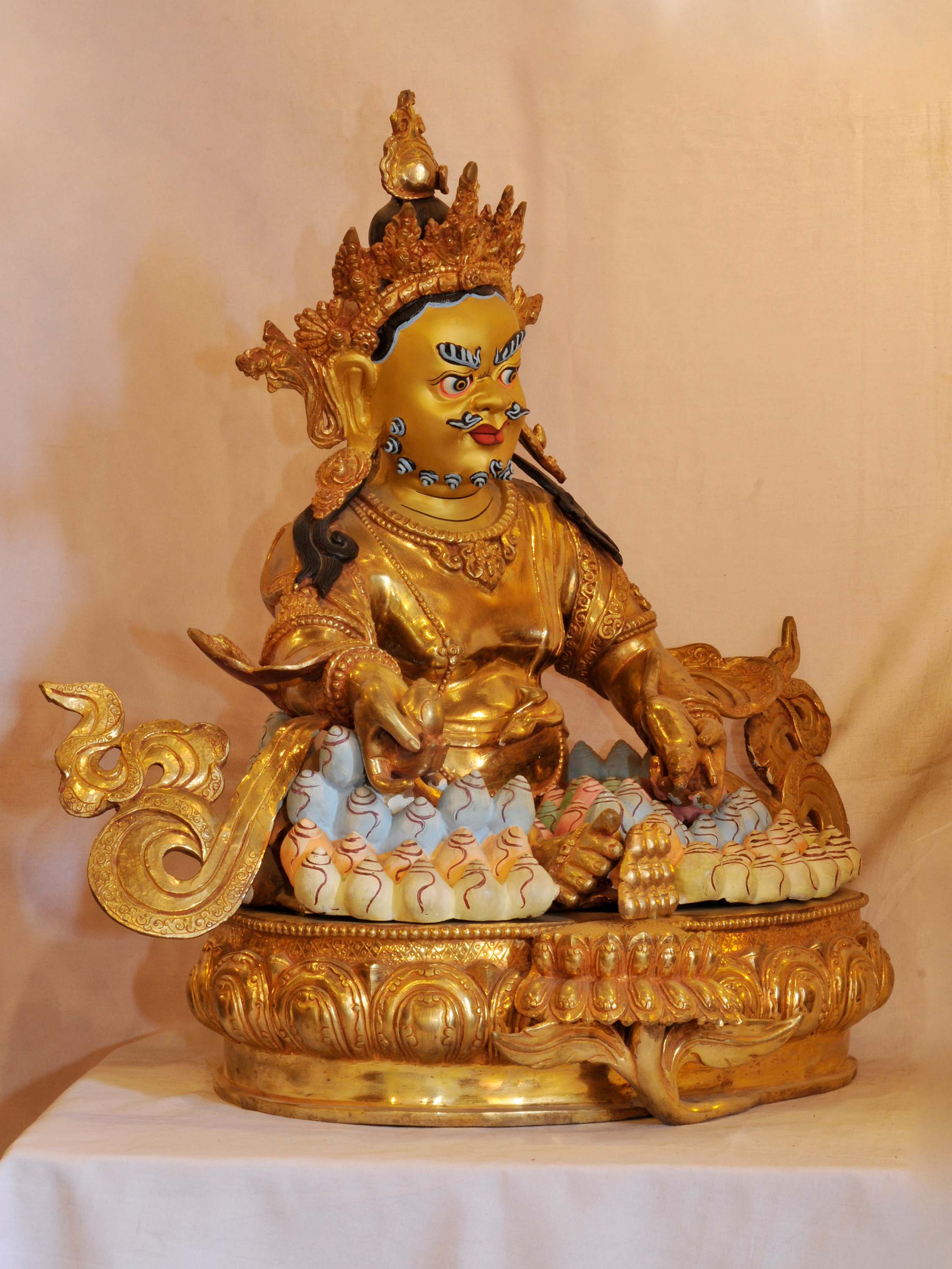 Buddhist Handmade Statue Of Yellow Jambhala, face Painted, gold Plated