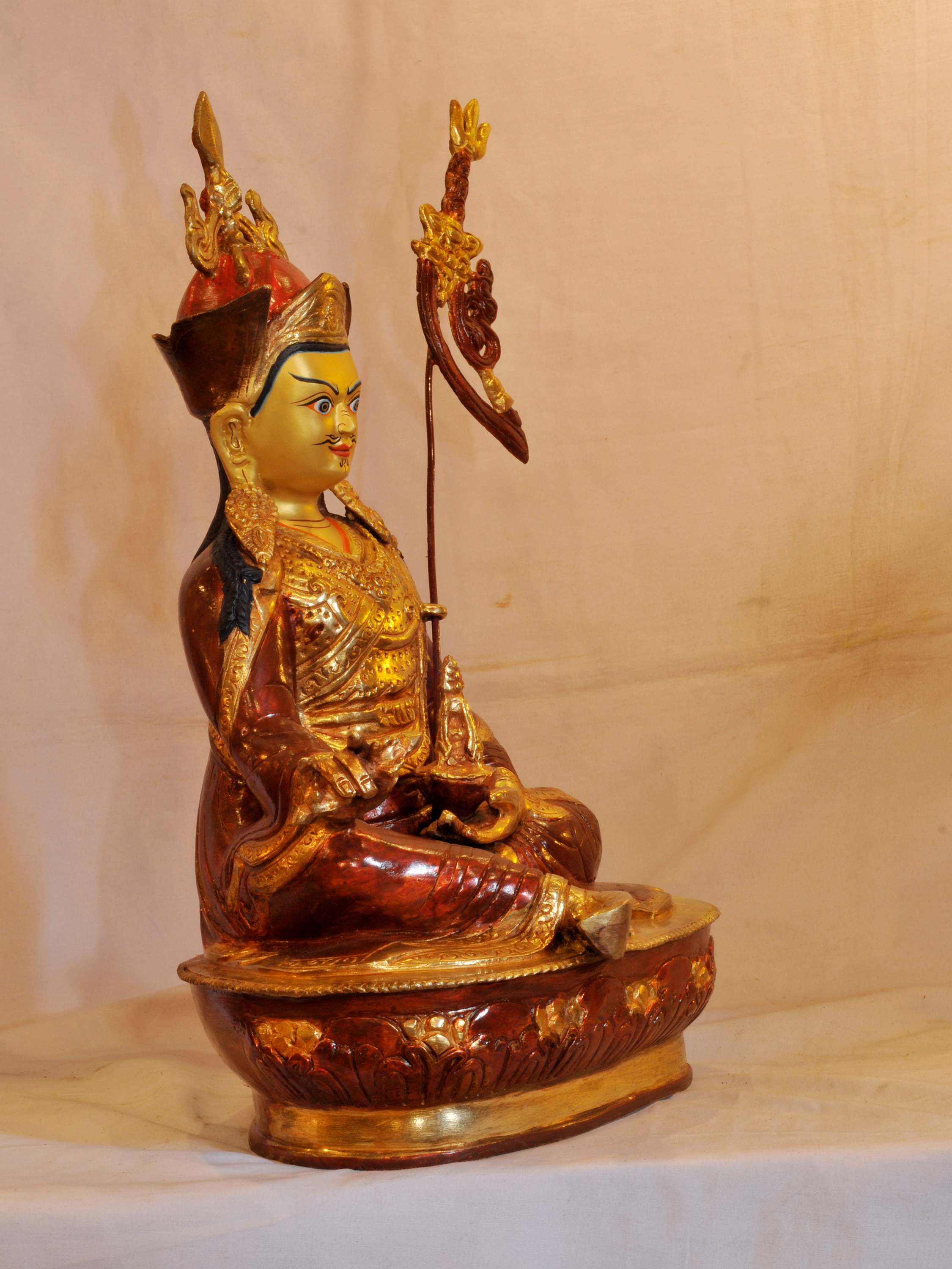 Buddhist Handmade Statue Of Padmasambhava, face Painted, partially Gold Plated