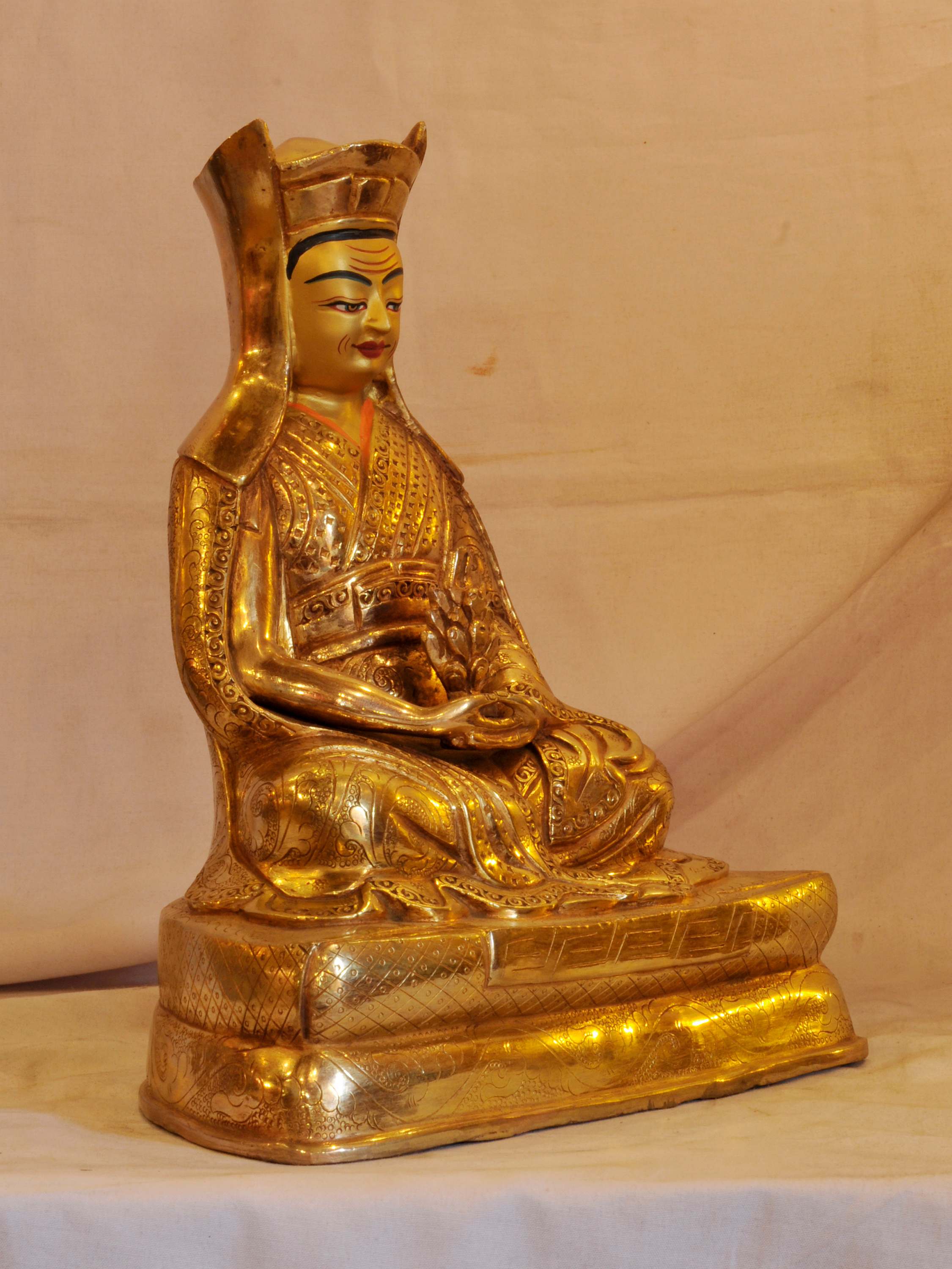 Buddhist Handmade Statue Of Gampopa, face Painted, gold Plated