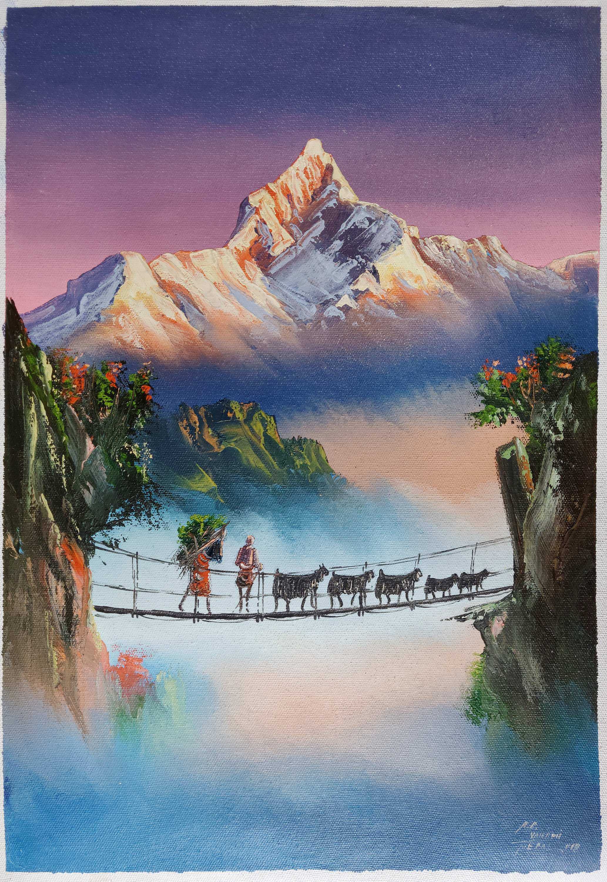 Painting Of Himalayan Region Lifestyle And Beautiful Fishtail Mountain [oil Color On Canvas]
