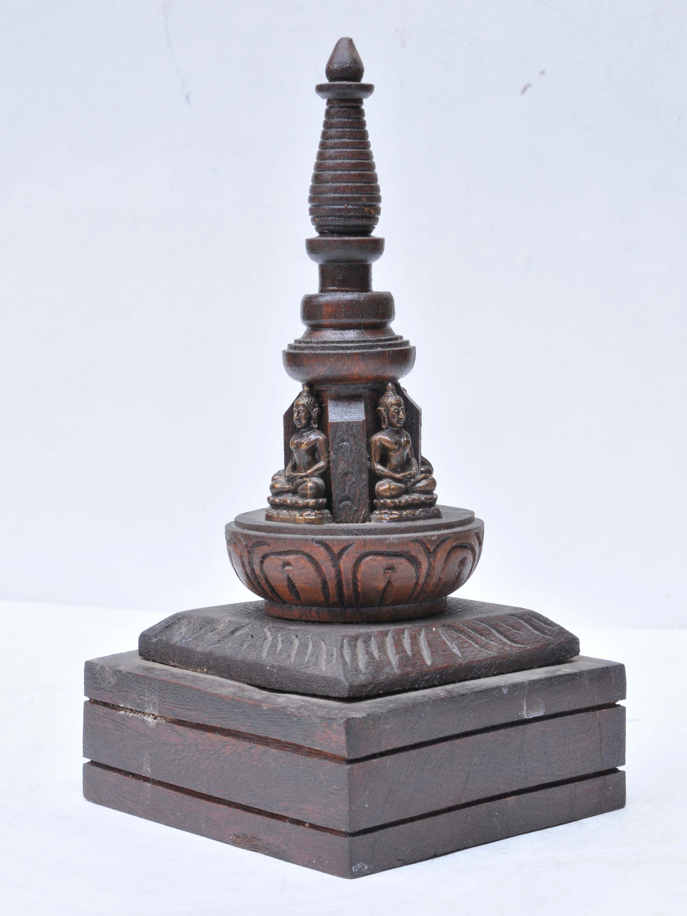 Buddhist Handmade Wooden Statue Of Stupa, With Amitabha Buddha, Wooden And Brass