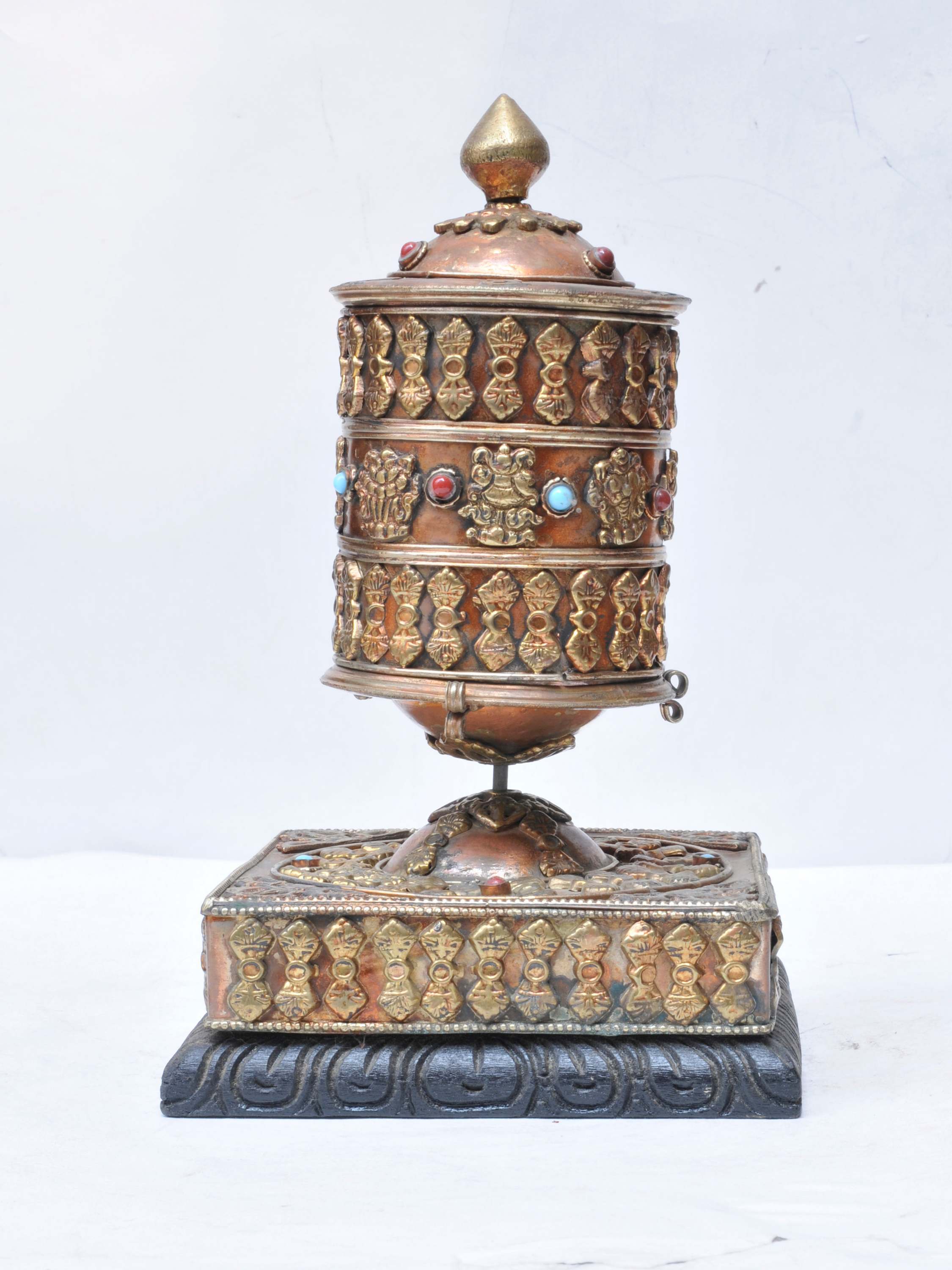 Buddhist Handmade Brass Table Prayer Wheel On Wooden Base With Ashtamangala, Stone Setting