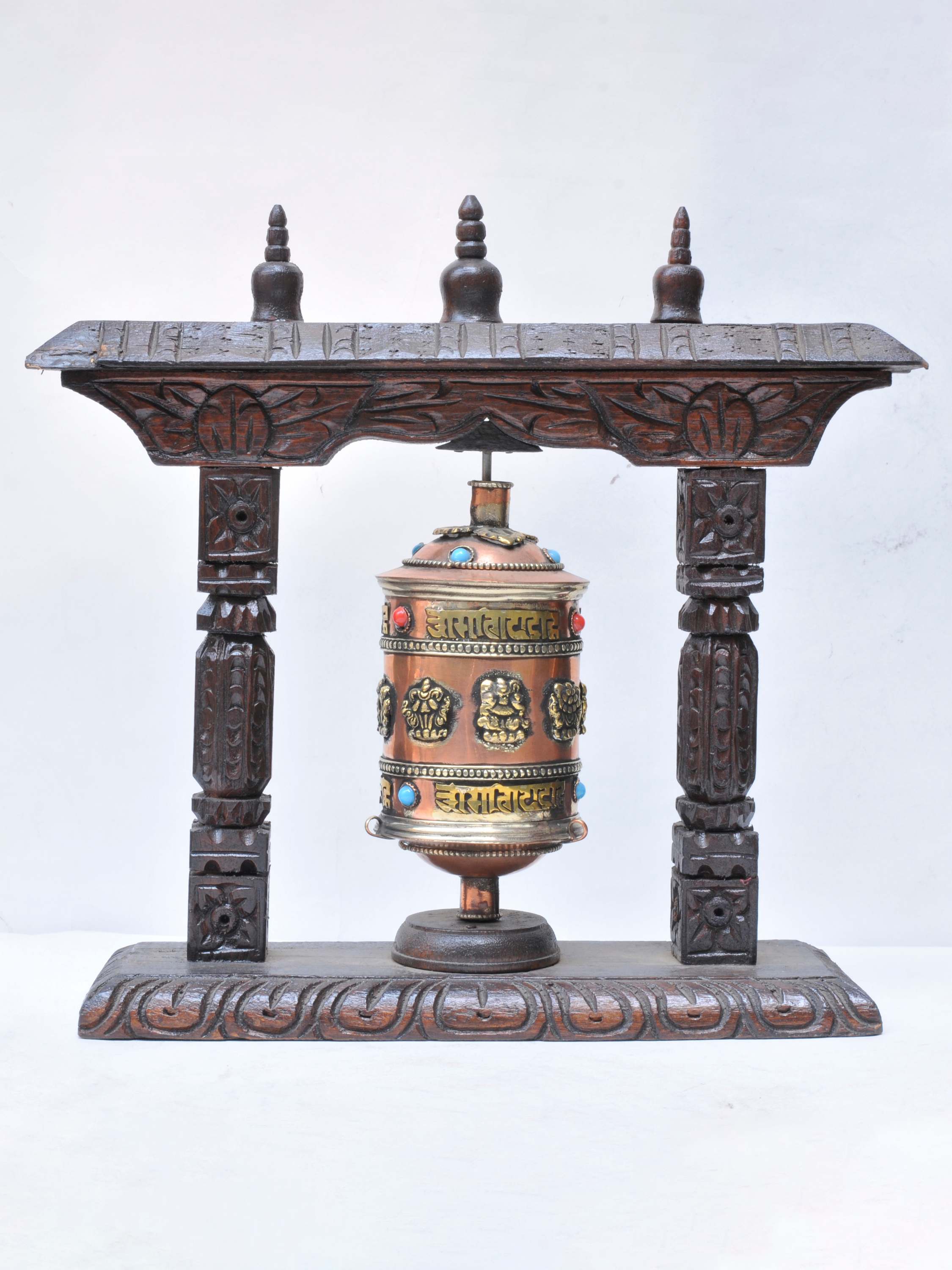 Buddhist Handmade Brass Prayer Wheel On Wooden Frame With Ashtamangala And Mantra, Stone Setting