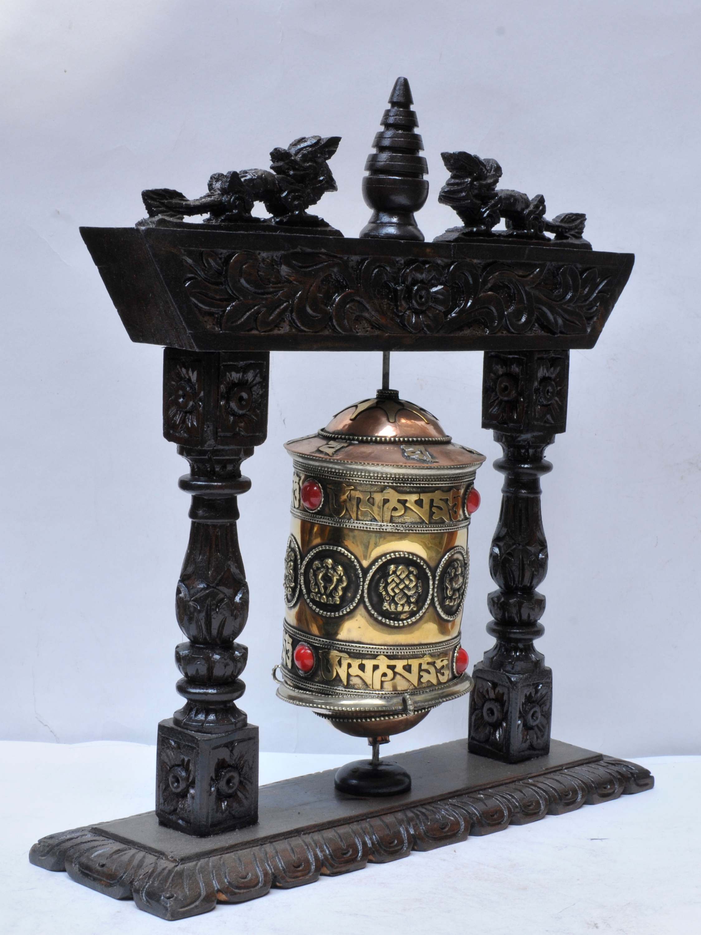 Buddhist Handmade Brass Prayer Wheel On Wooden Frame With Ashtamangala And Mantra, Stone Setting