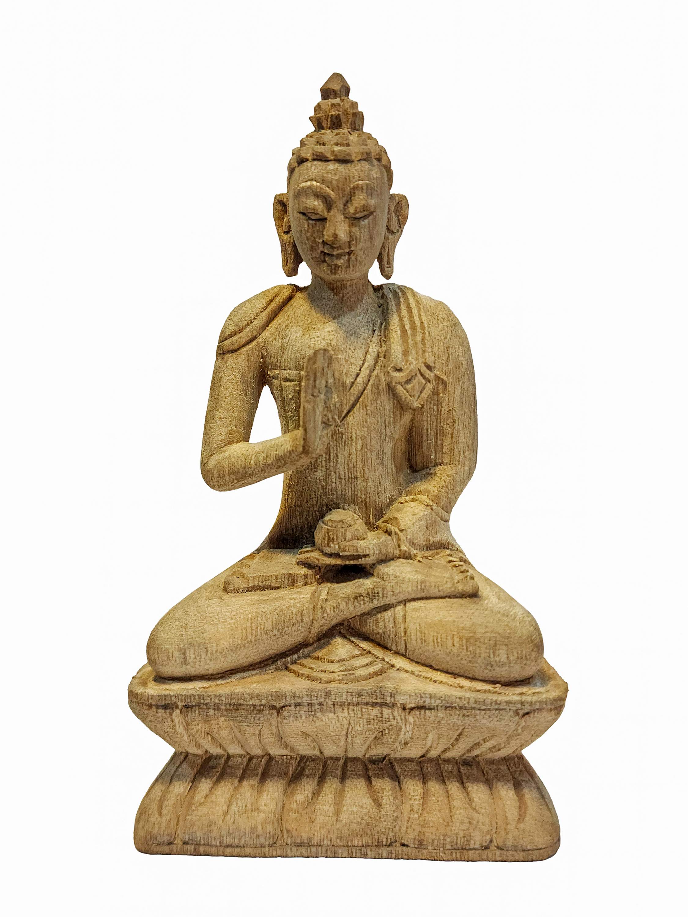 Buddhist Handmade Wooden Statue Of Amoghasiddhi Buddha, Or Blessing Buddha camphor Wood