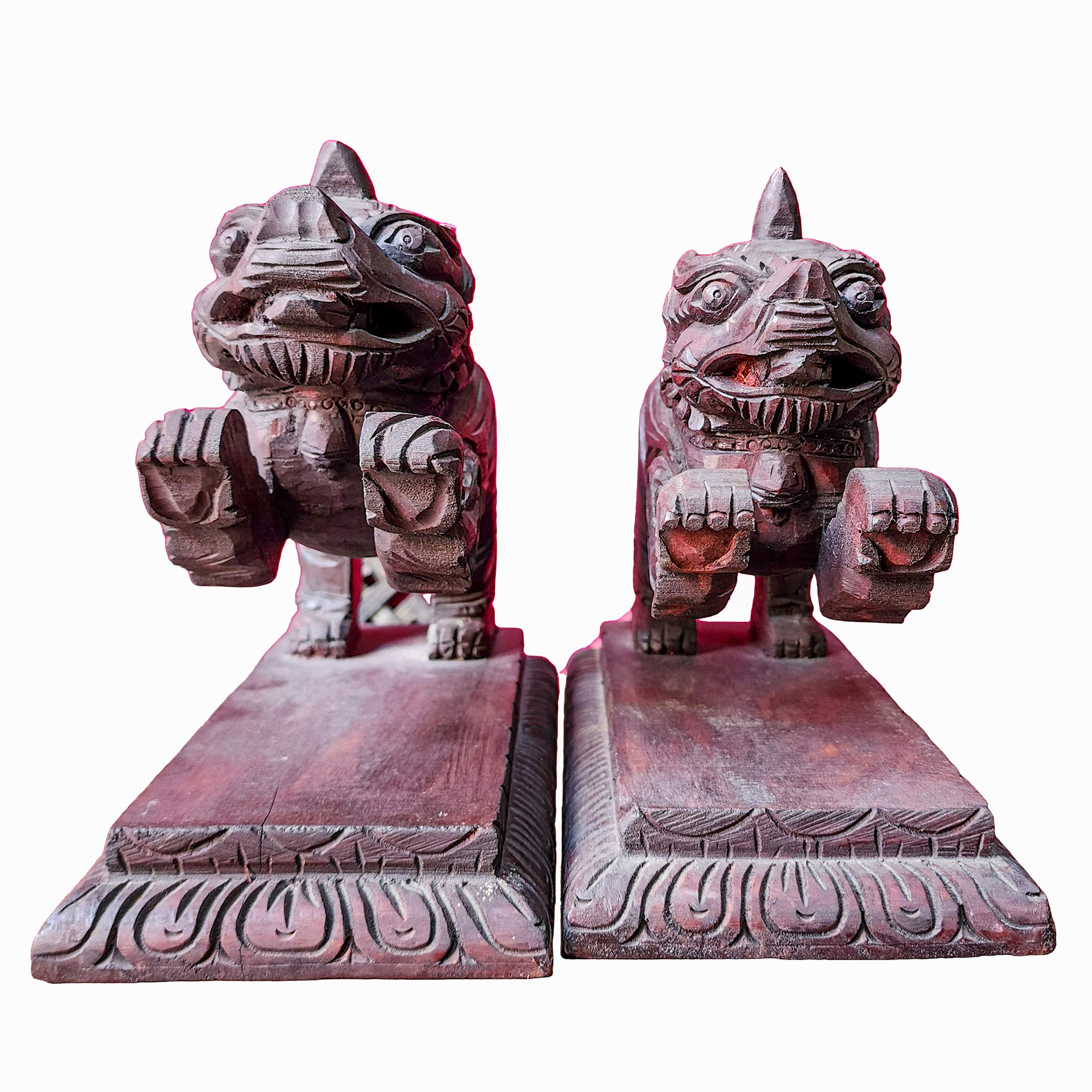 Buddhist Handmade Wooden Statue Of Temple Lion, set, karma Wood