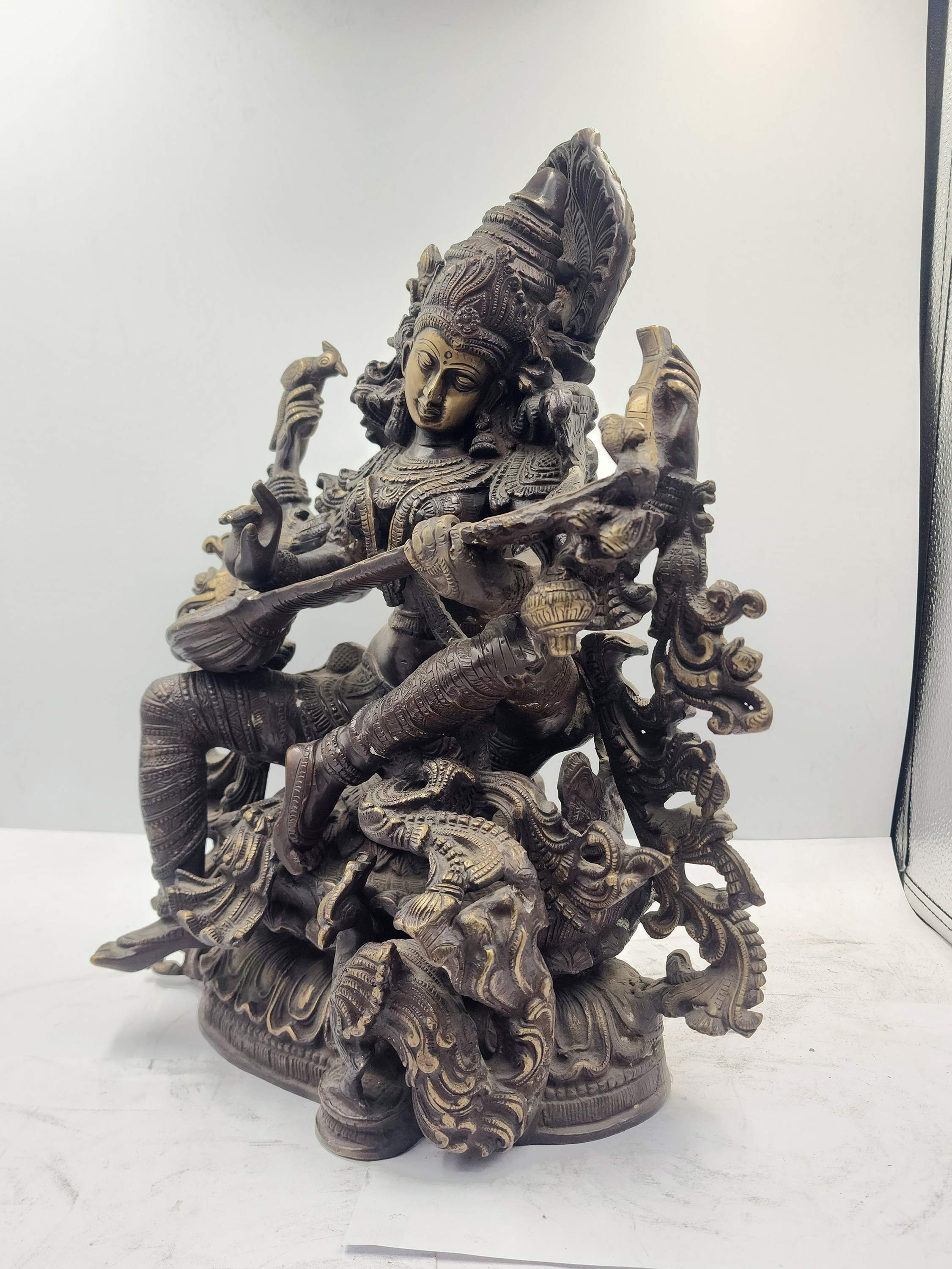 Nepali Statue Of Saraswati, sand Casting, chocolate Oxidized