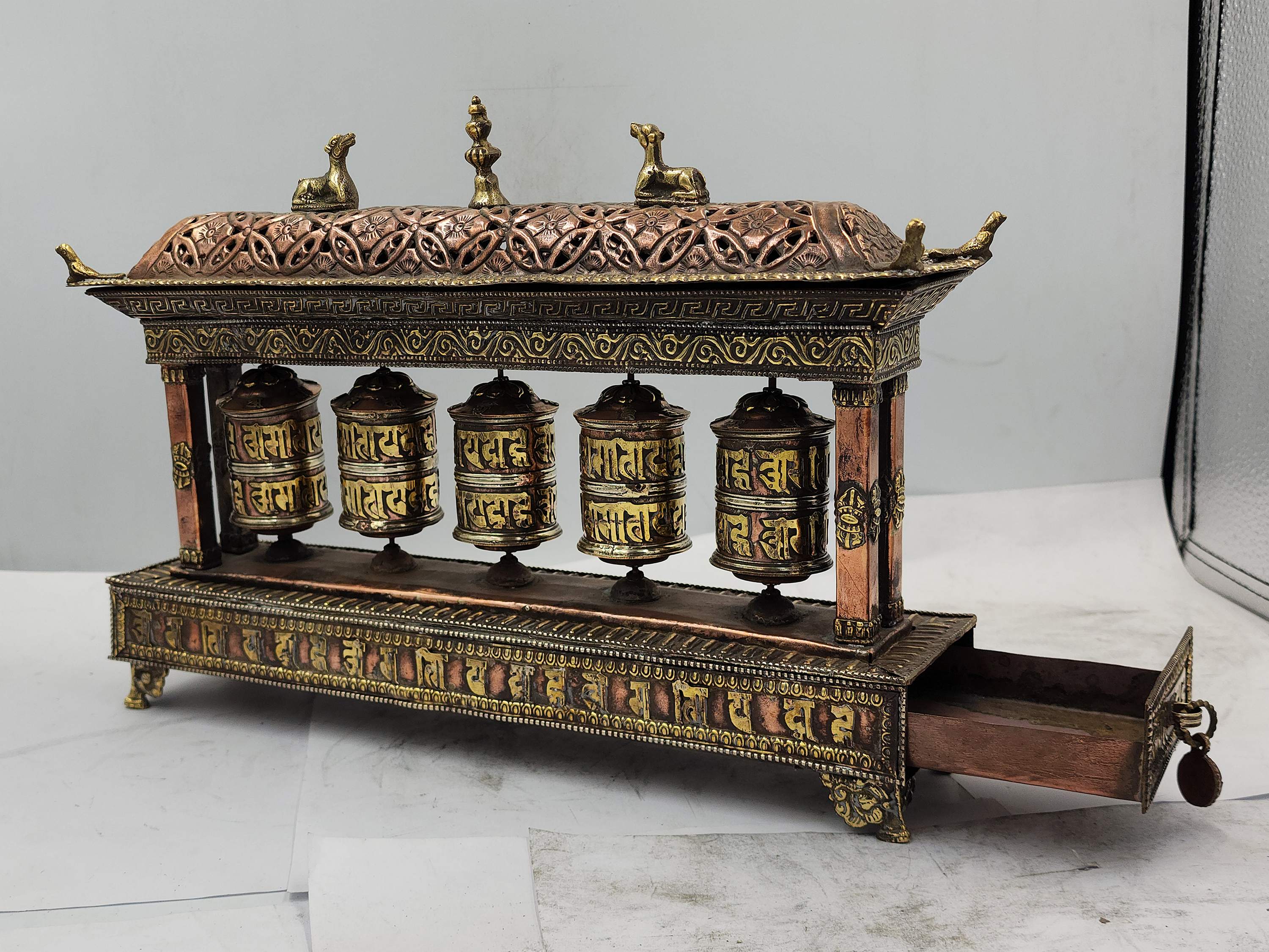 Buddhist Handmade Table Top 5 Prayer Wheel With Incense Burner, And Holder Sand Casting