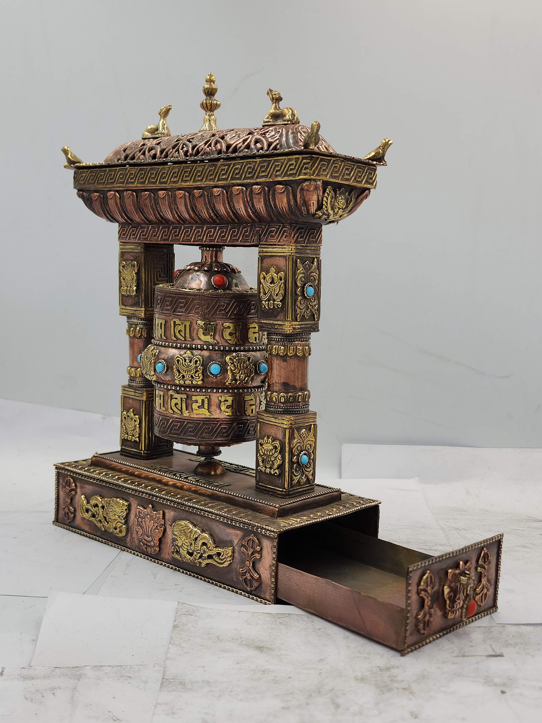 Buddhist Handmade Table Top Prayer Wheel, With Incense Burner And Incense Holder, stone Setting