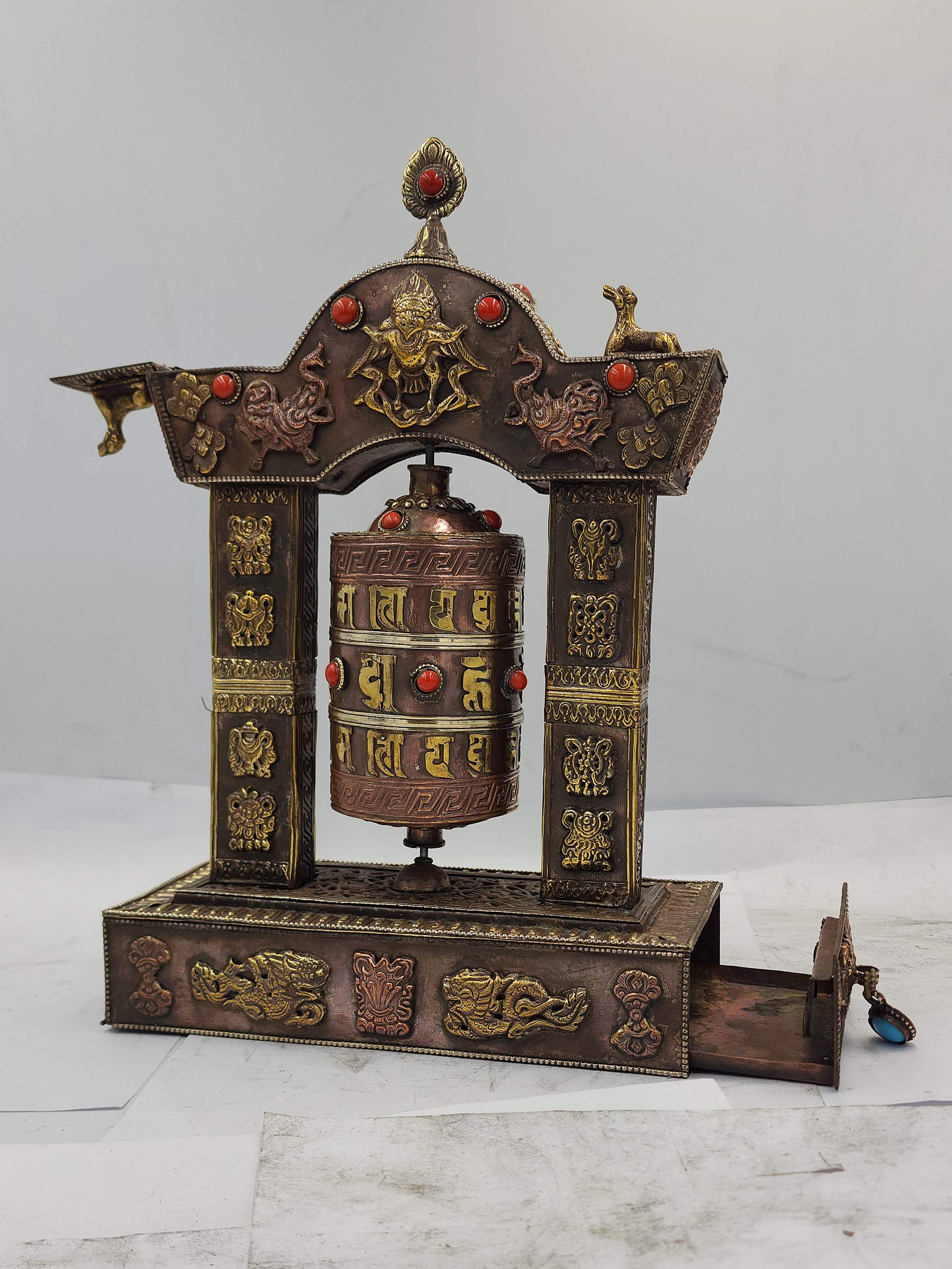 Buddhist Handmade Table Top Prayer Wheel, With Incense Burner And Incense Holder, stone Setting