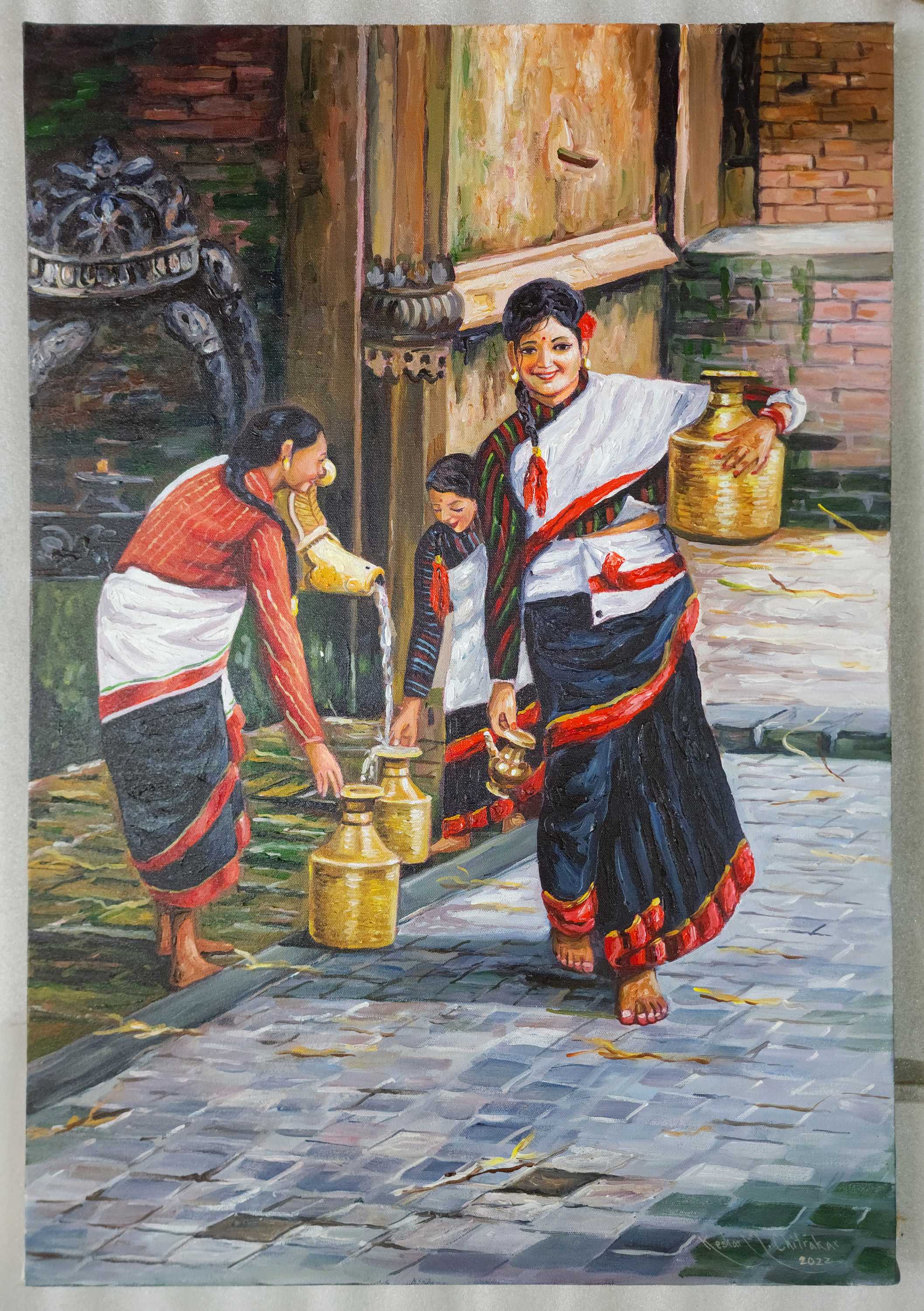 Women Pouring Water From Stone Tap <span Style=