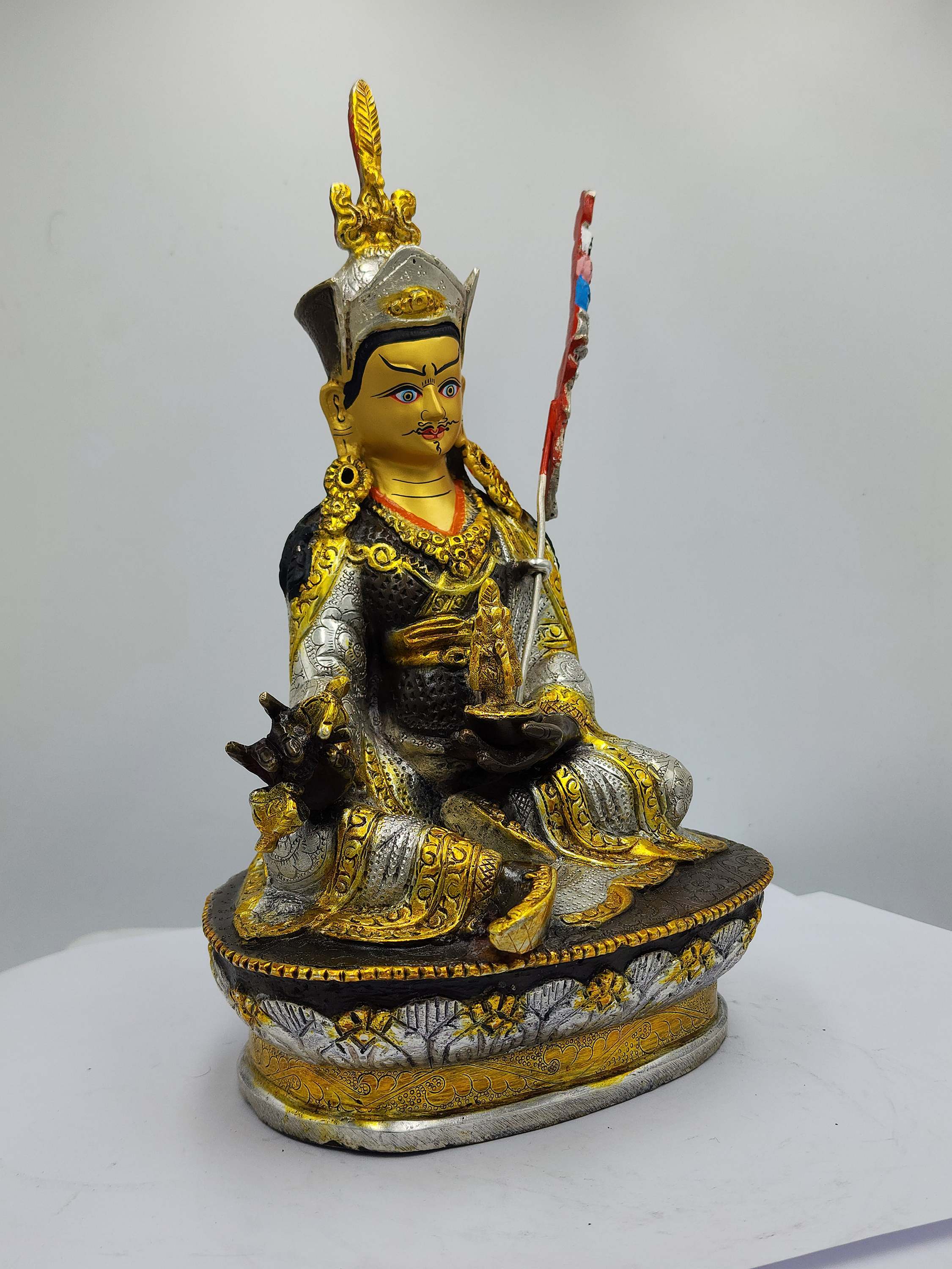 Buddhist Handmade Statue Of Padmasambhava Or Guru Rinpuchhen, silver Plated, chocolate Oxidized, face Painted
