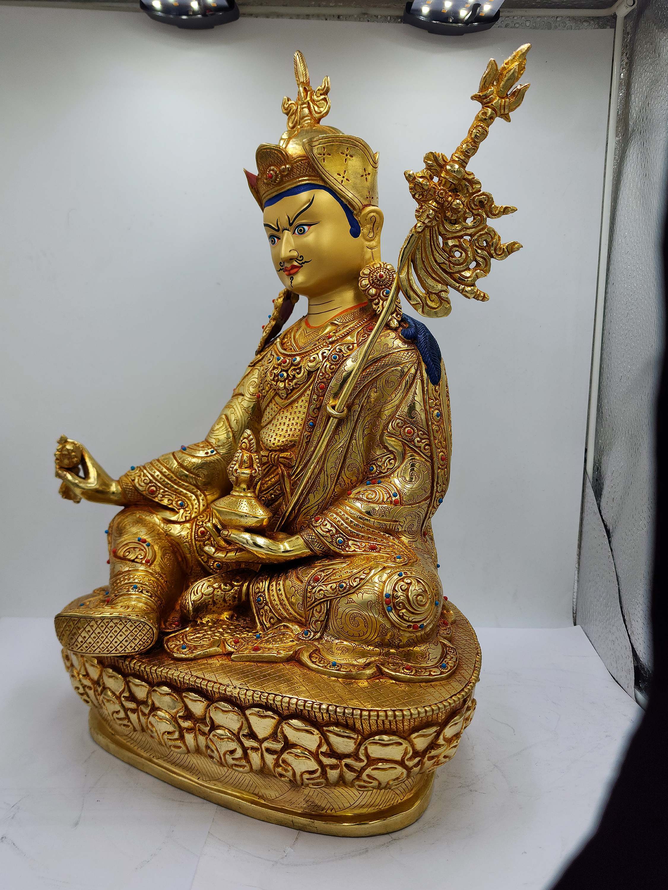Buddhist Handmade Statue Of Padmasambhava, full Fire Gold Plated, face Painted, stone Setting