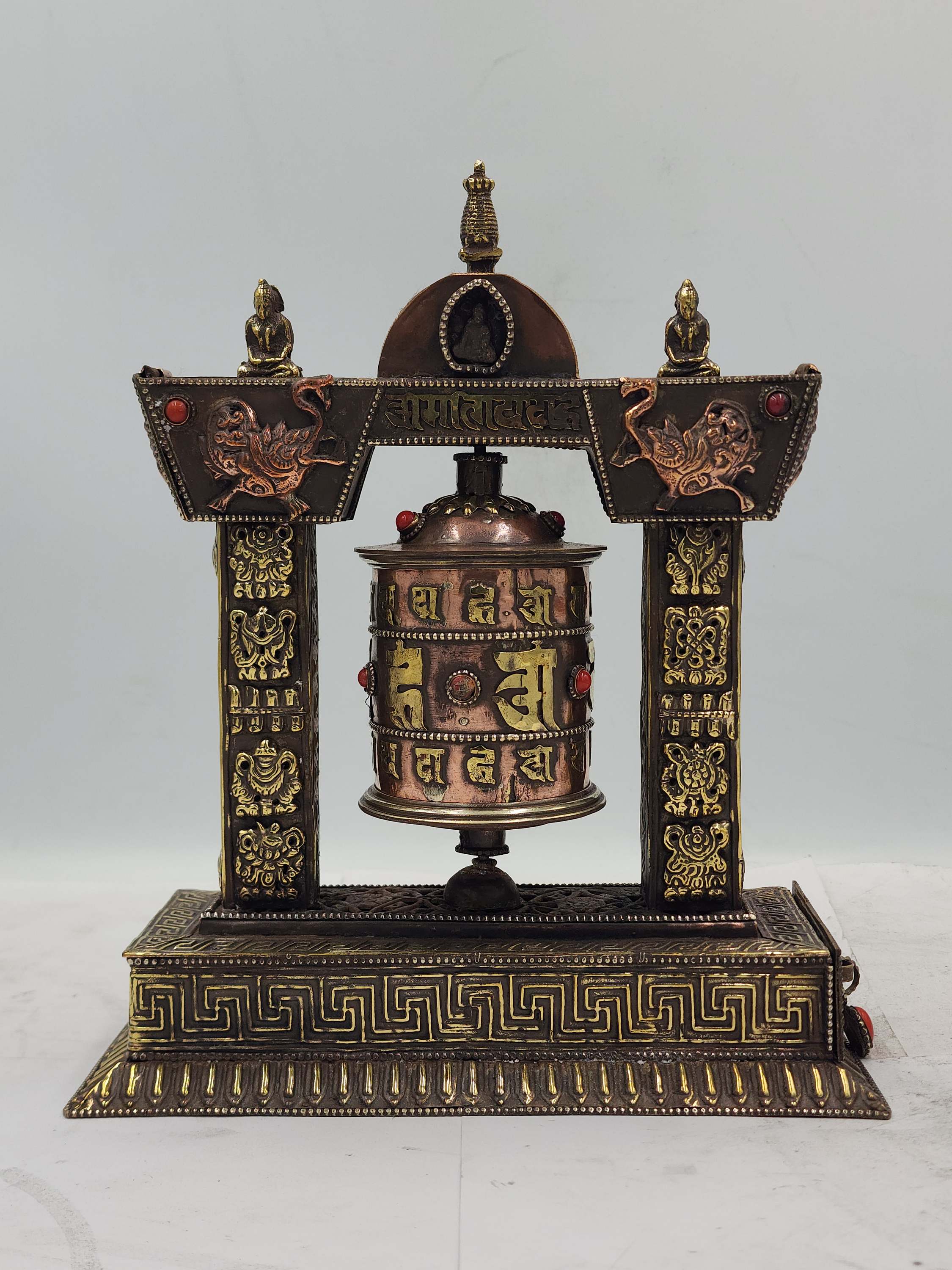 Buddhist Handmade Table Prayer Wheel With Mantra Inside, stone Setting