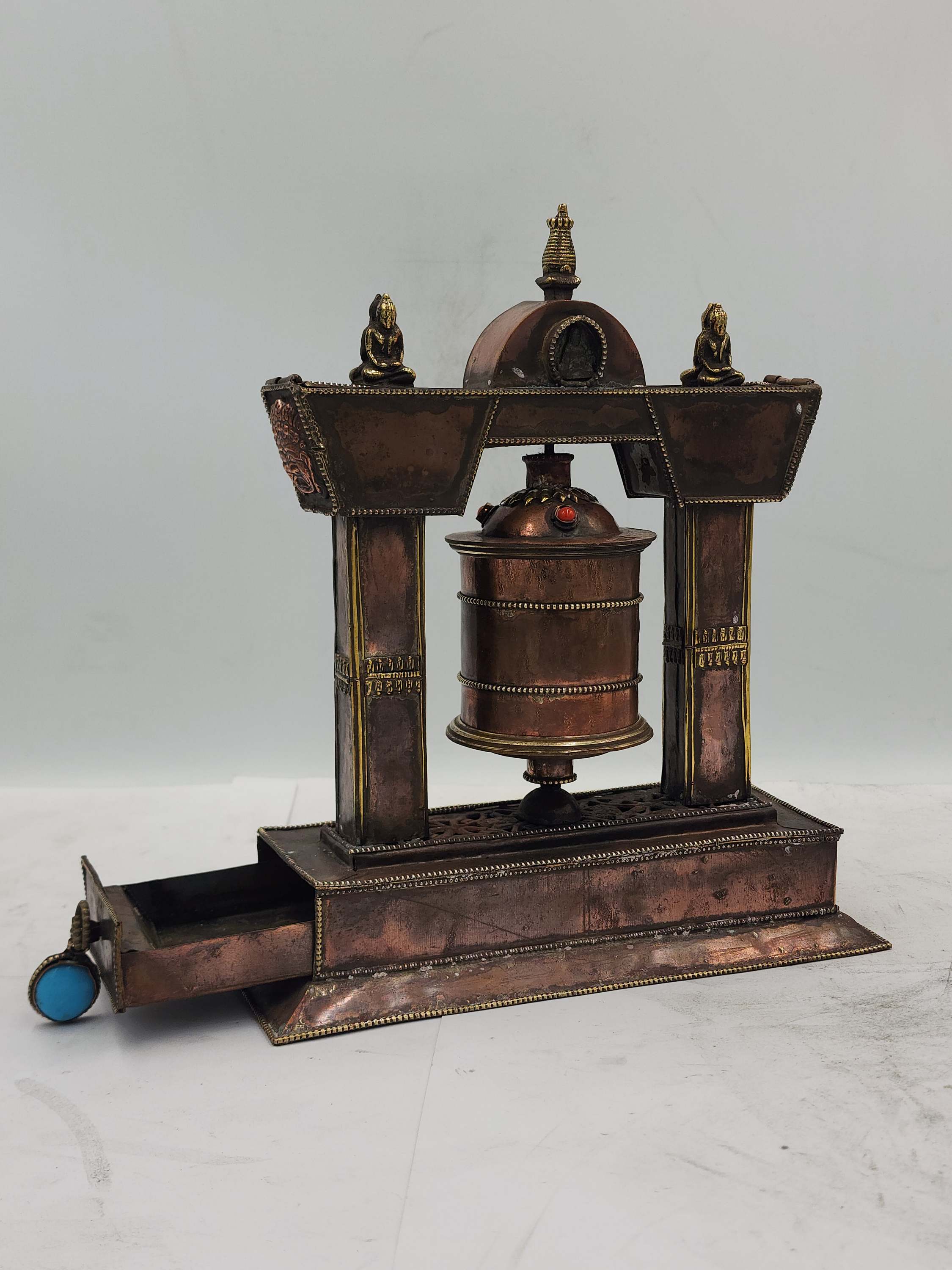 Buddhist Handmade Table Top Prayer Wheel, With Incense Burner And Incense Holder, stone Setting