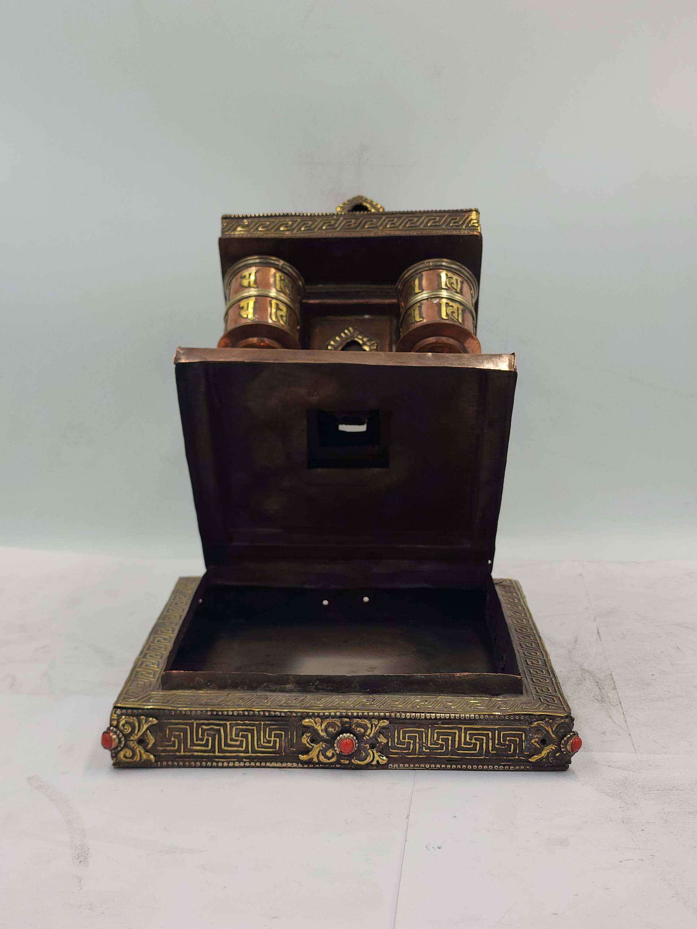 Buddhist Handmade Table Top Prayer Wheel, With Incense Burner Or Incense Holder With Carved Mantra, With Stupa Design stone Setting