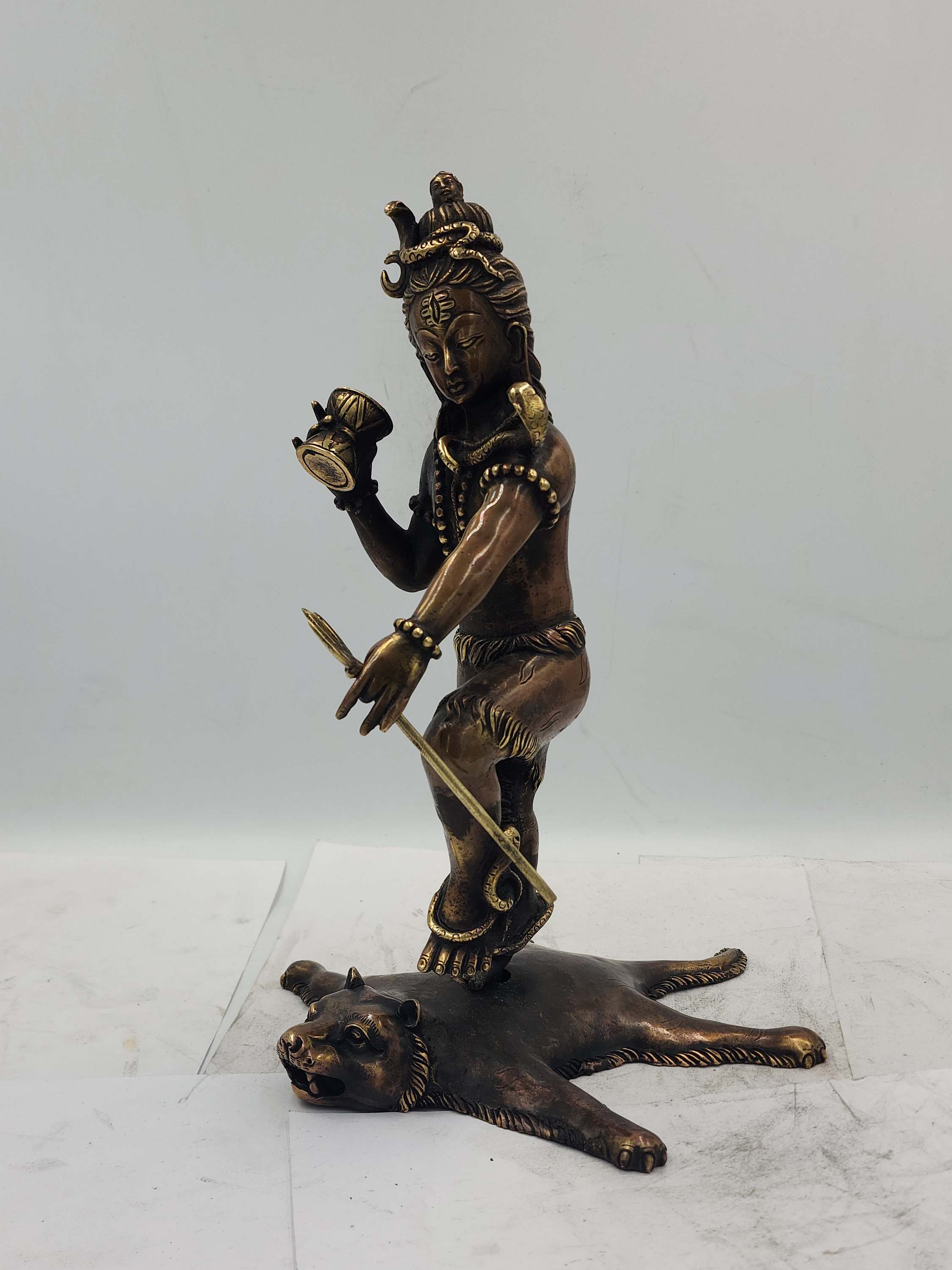 Nepali Statue Of Shiva Standing On A Tiger, sand Casting, chocolate Oxidized