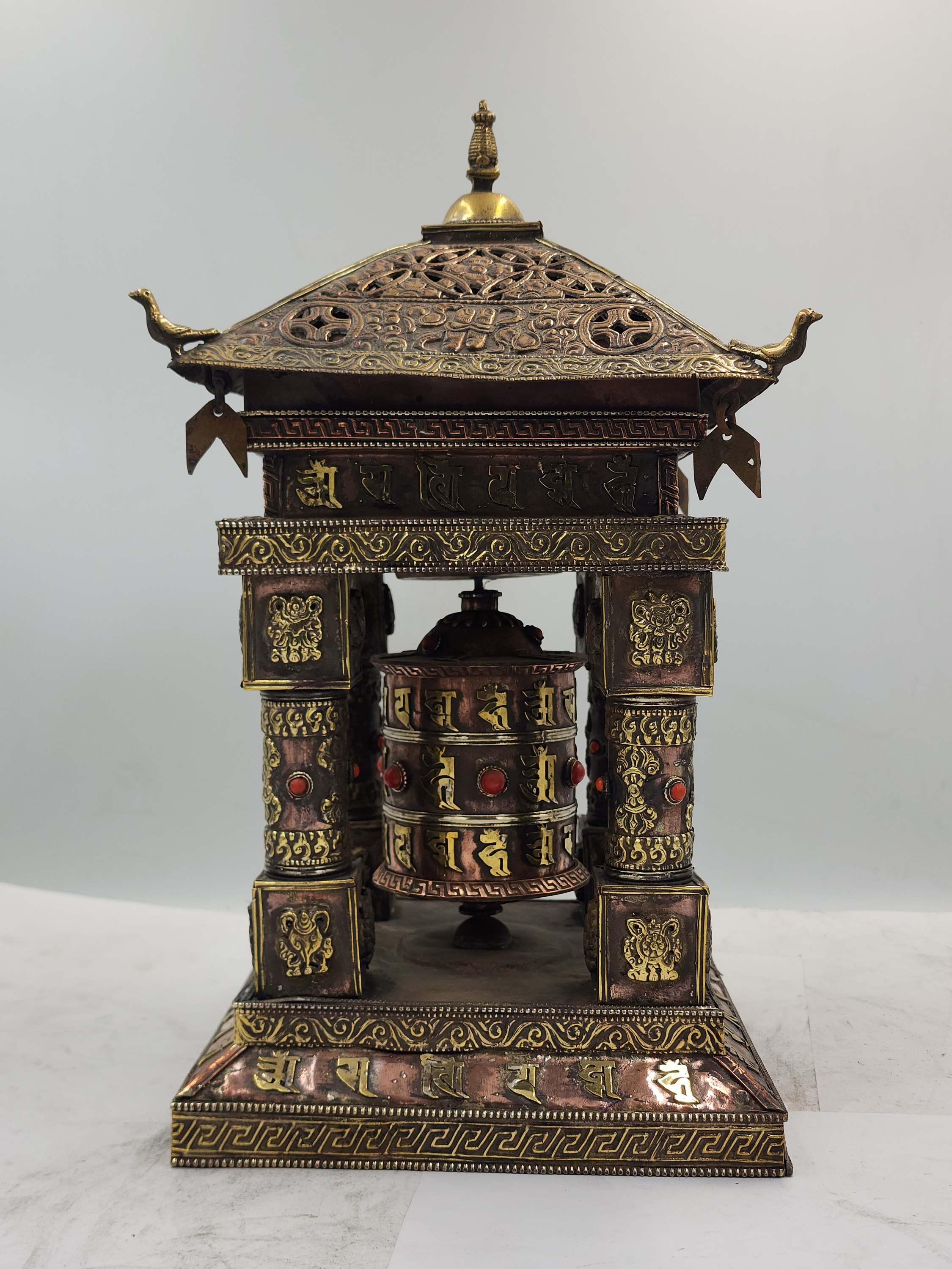 Buddhist Handmade Table Top Prayer Wheel With Mantra Inside, Stone Setting