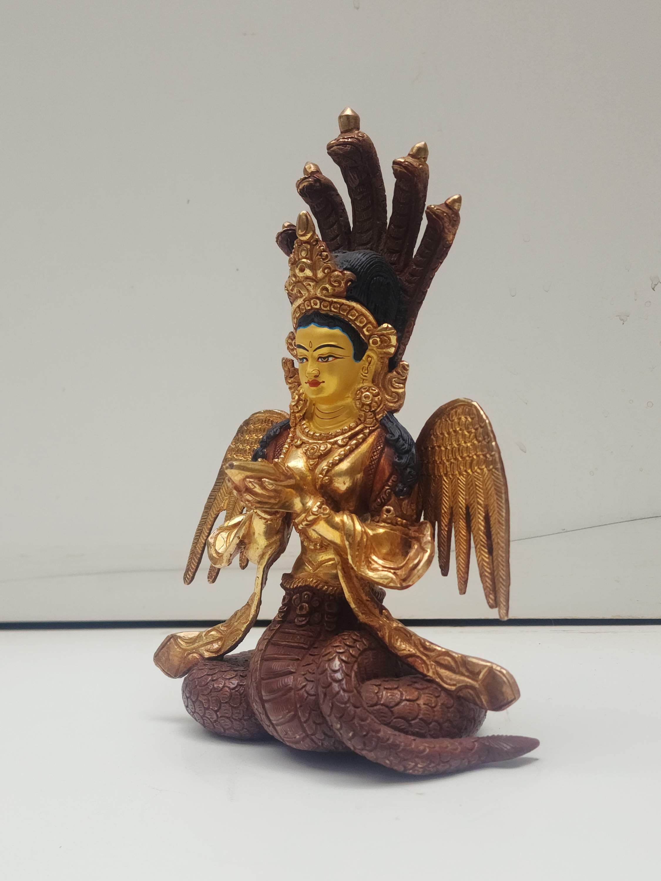 Buddhist Handmade Statue Of Naga Kanya, face Painted, partly Gold Plated