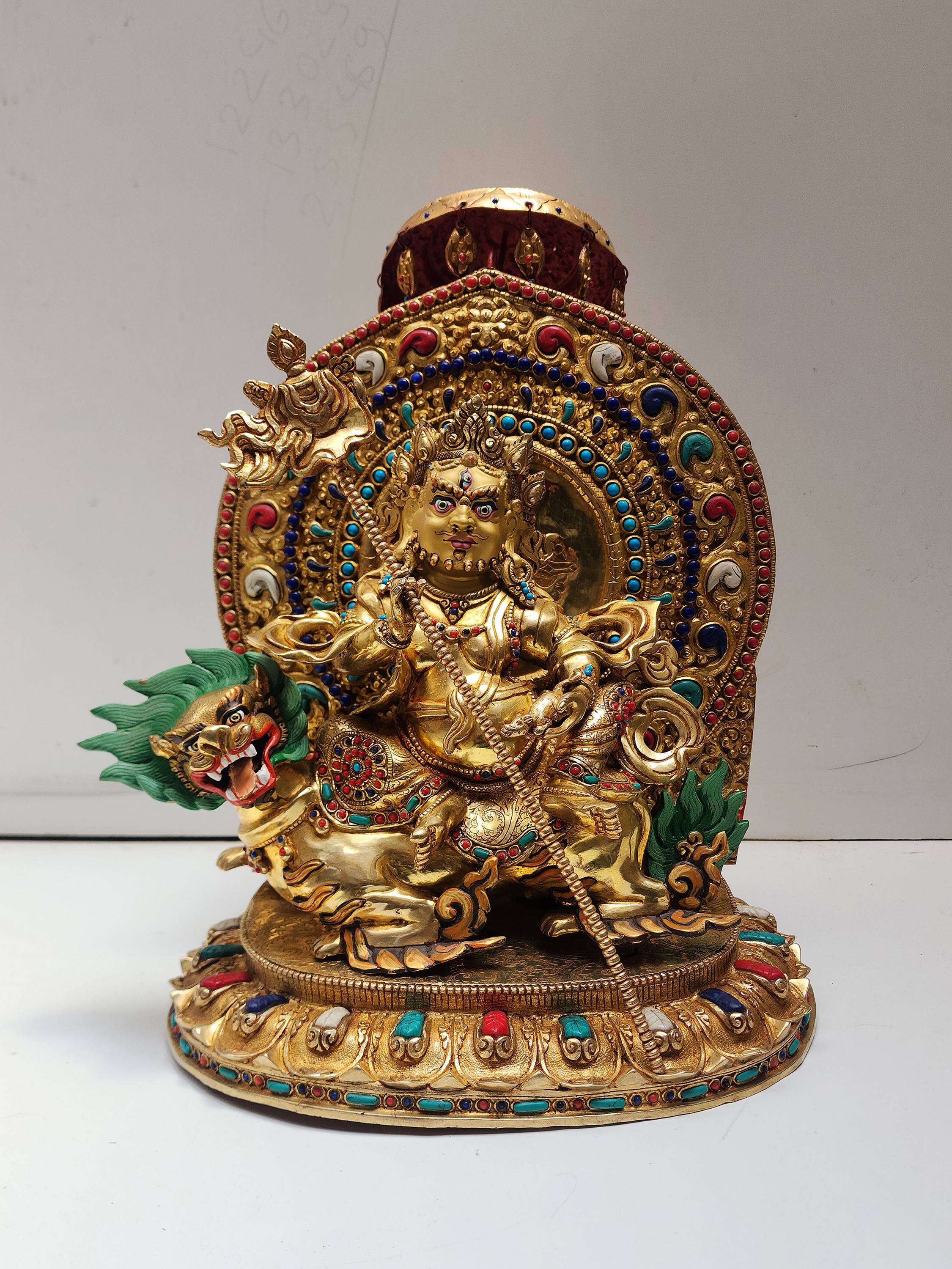 Buddhist Handmade Statue Of Singha Kuber, jambhala Namtose On Throne, full Fire Gold Plated, Face Painted, Stone Setting