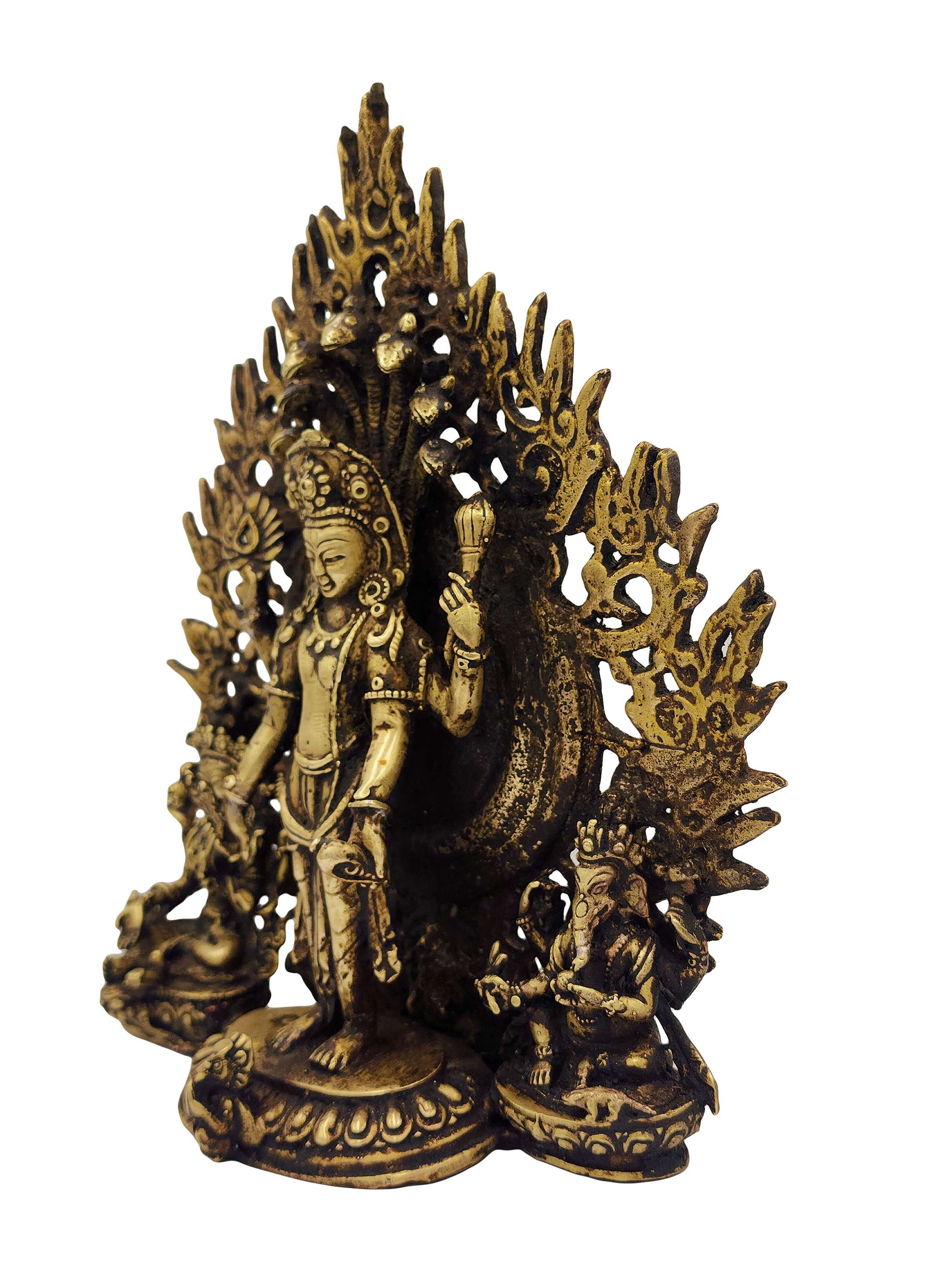 Buddhist Statue Of Vishnu With Lakshmi And Ganesh, antique Finishing