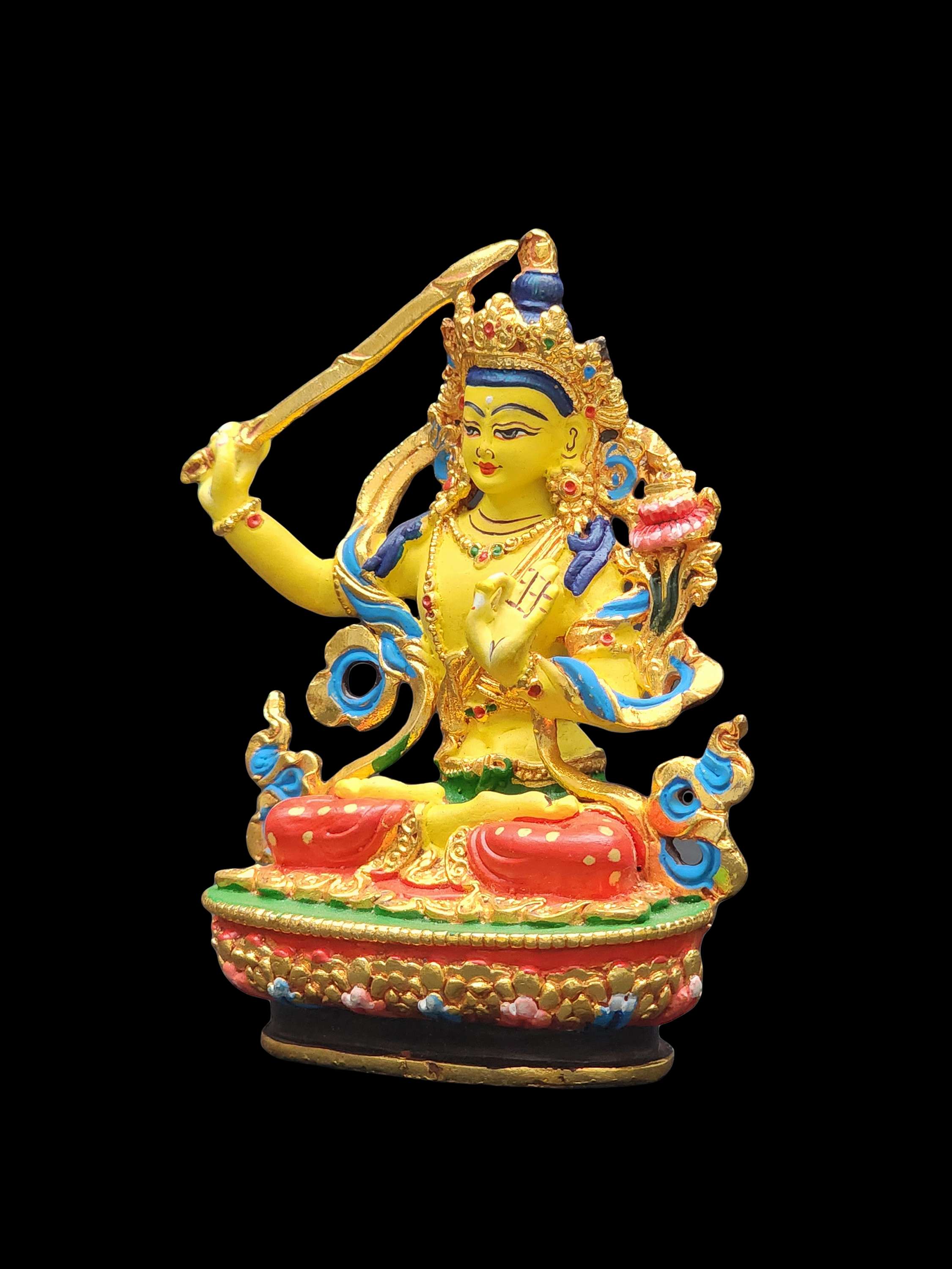 Buddhist Miniature Statue Of Manjushri, high Quality, traditional Color Fiishing