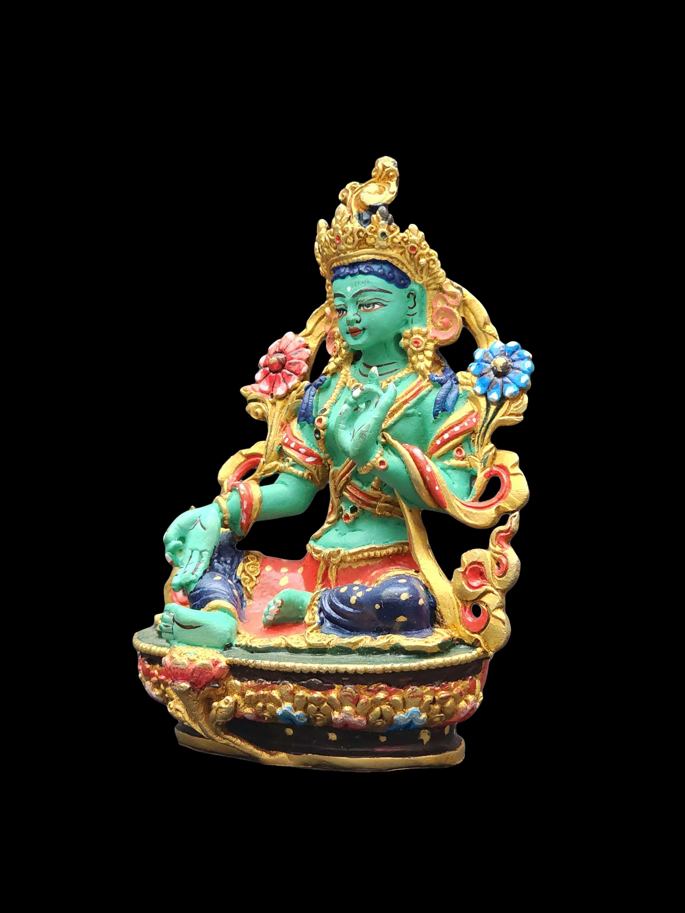 Buddhist Miniature Statue Of Green Tara, high Quality, traditional Color Finishing