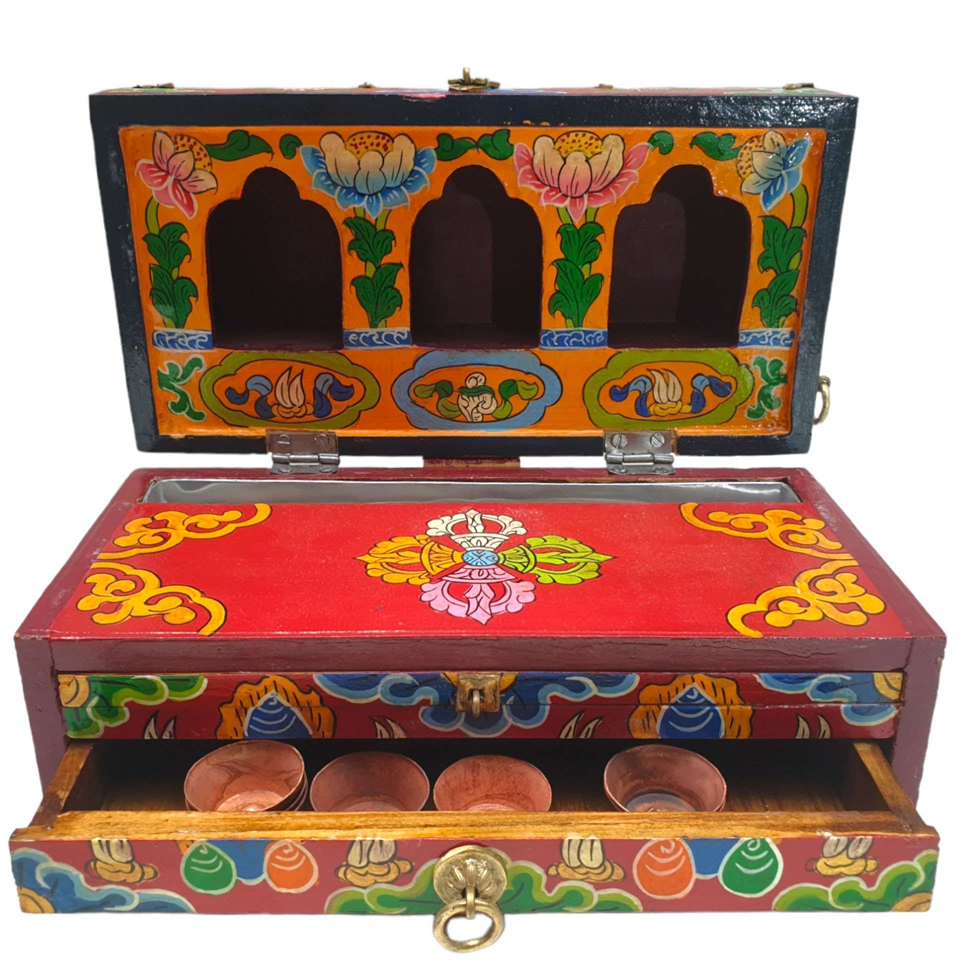 Buddhist Handmade Wooden Traveling Altar Box, foldable, Double Dorje Design, Traditional Color Painted