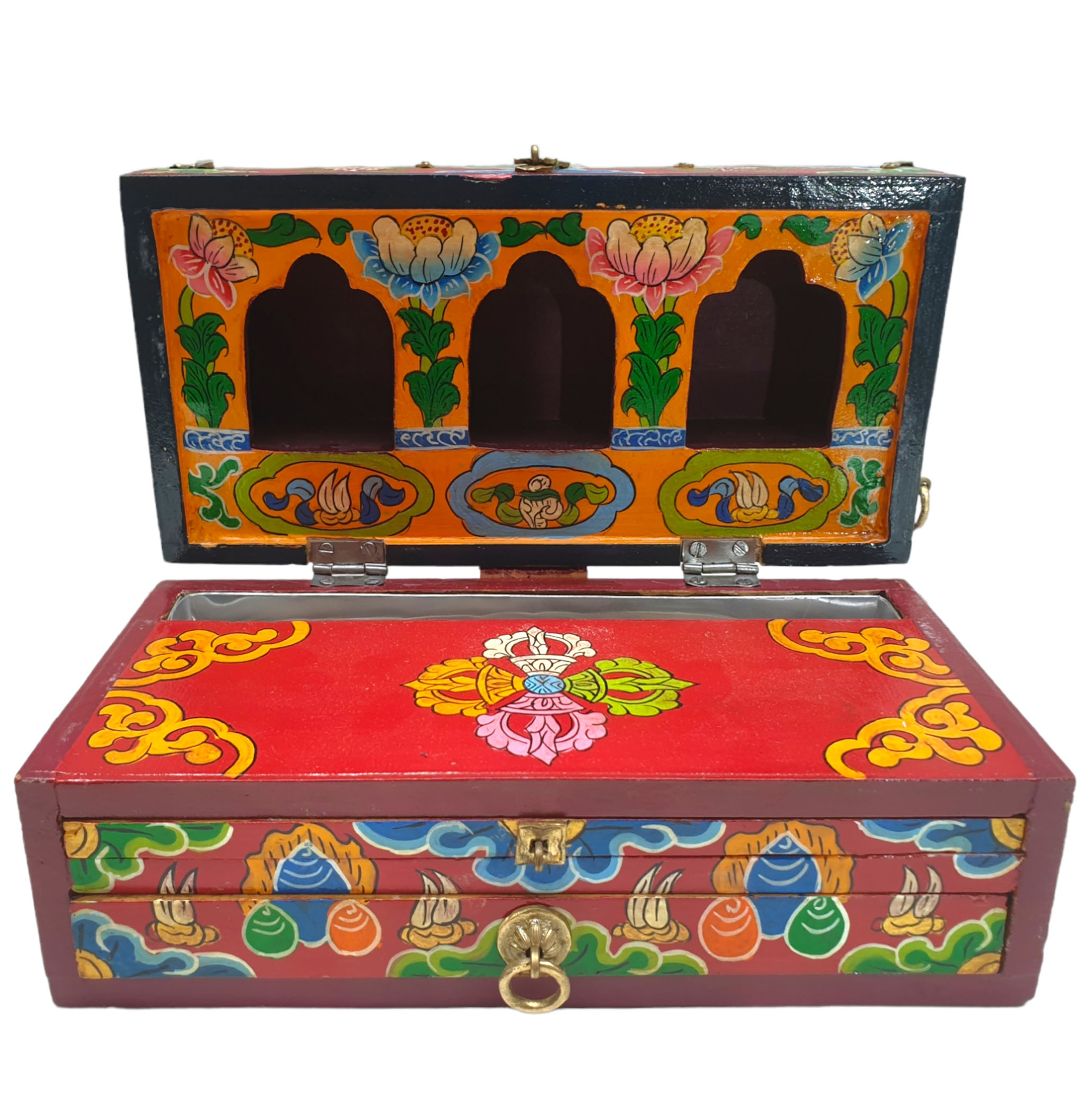 Buddhist Handmade Wooden Traveling Altar chesum Box, foldable, With Chenrezig And White And Green Tara