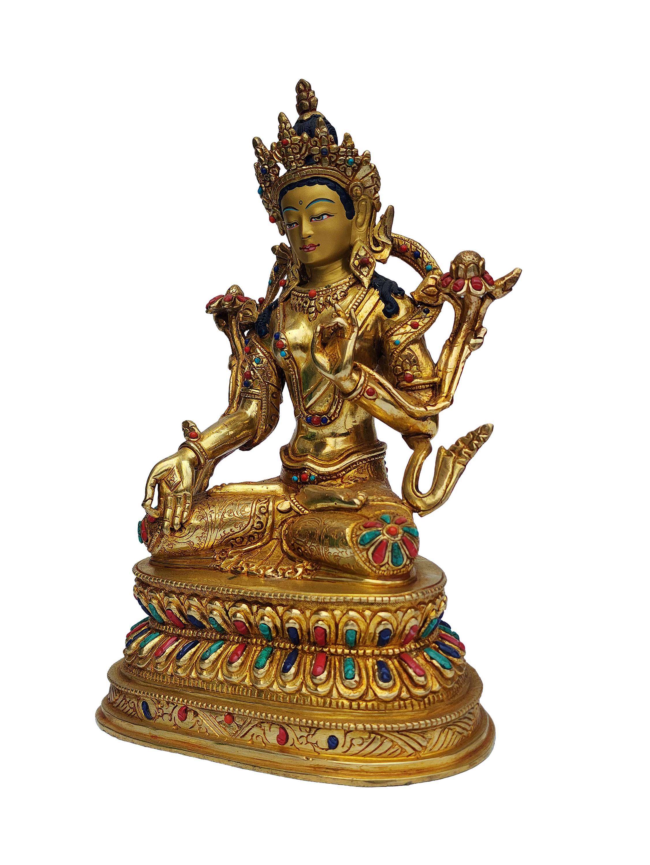 White Tara Statue, Buddhist Handmade Statue On Double Base, <span Style=