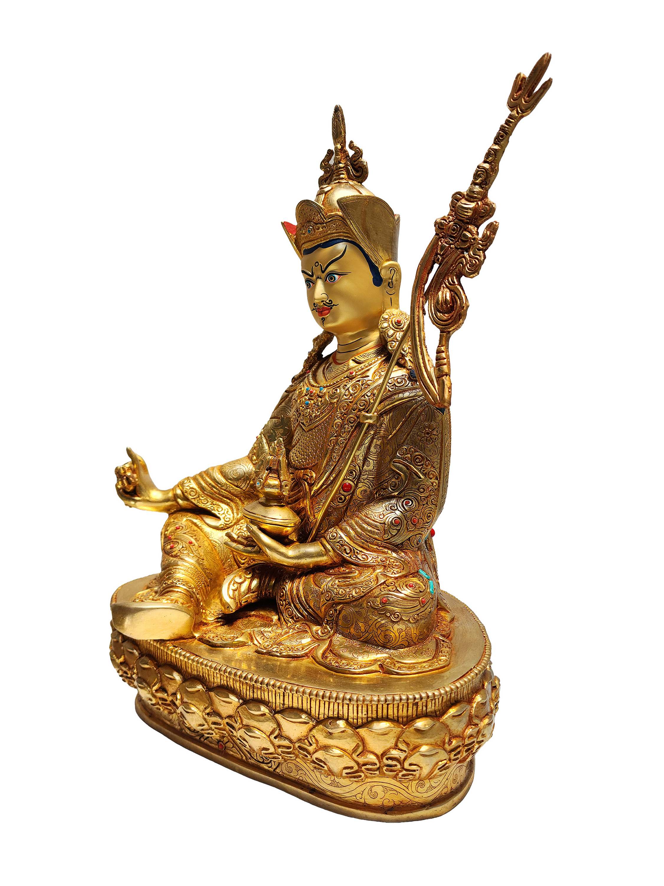 Padmasambhava Statue, Buddhist Handmade Statue, full Fire Gold Plated, face Painted, stone Setting