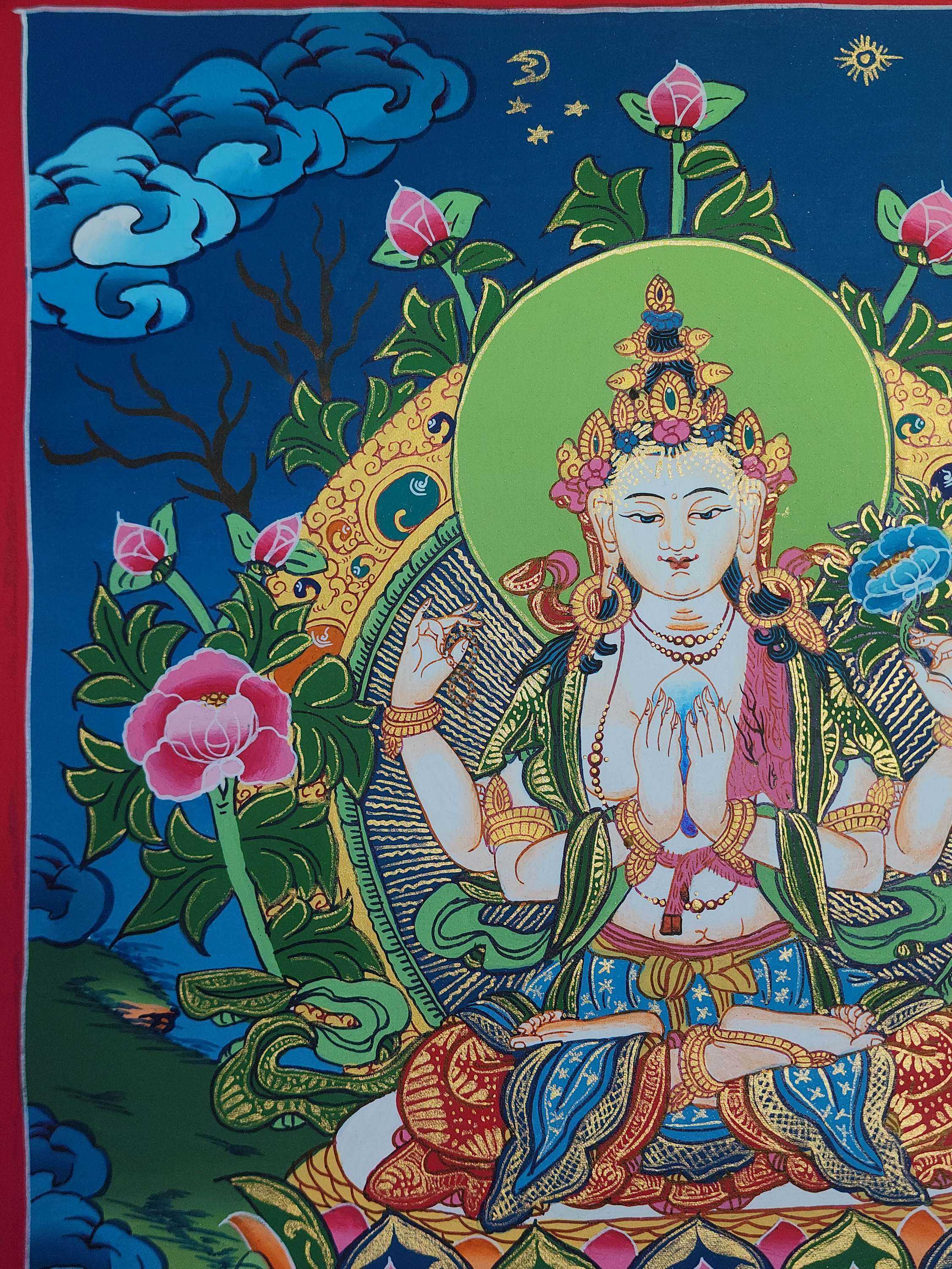 Chenrezig Thangka Painting, Buddhist Traditional Handmade Painting