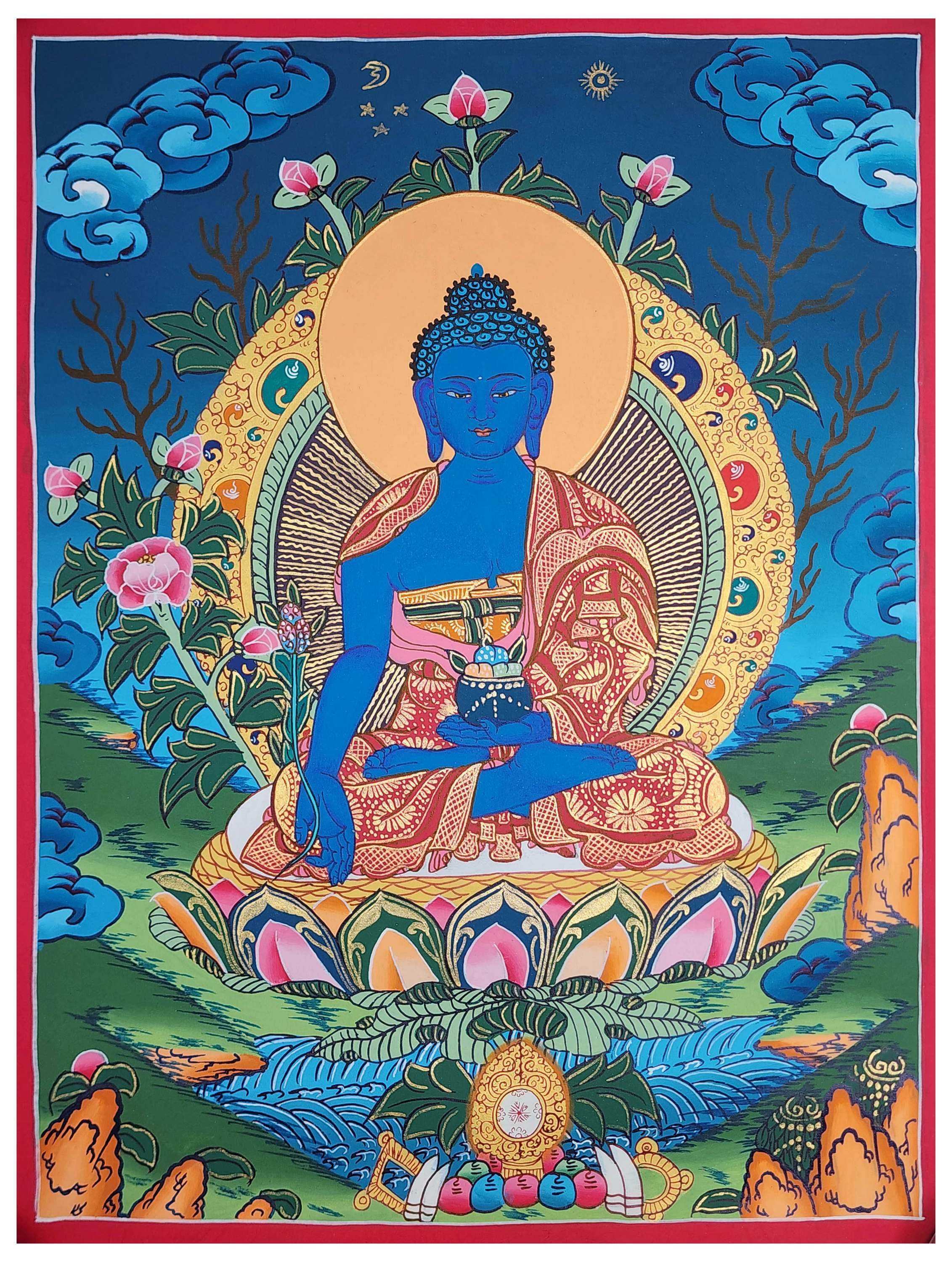 Medicine Buddha Thangka Painting, Buddhist Traditional Painting, Tibetan Style