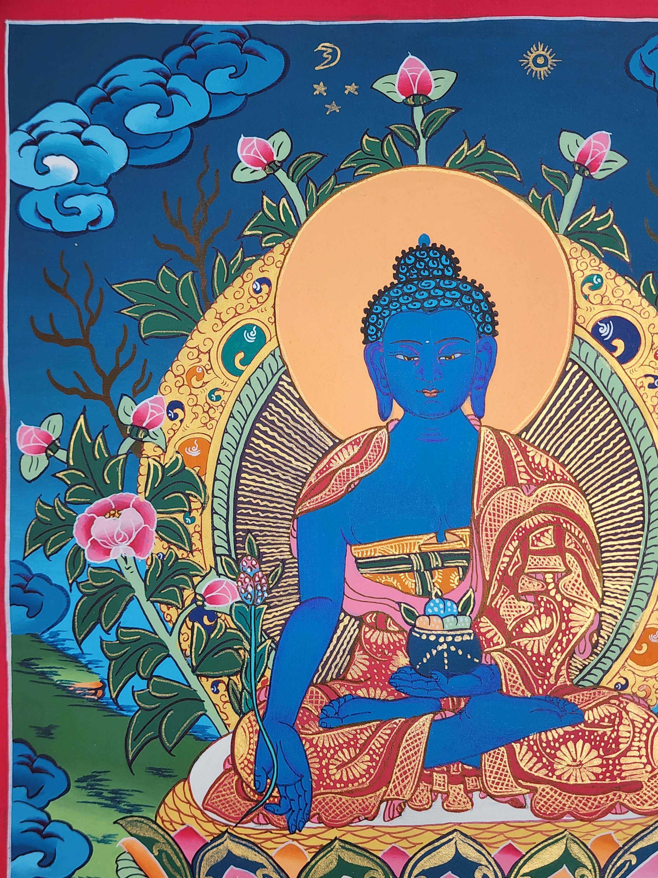 Medicine Buddha Thangka Painting, Buddhist Traditional Painting, Tibetan Style