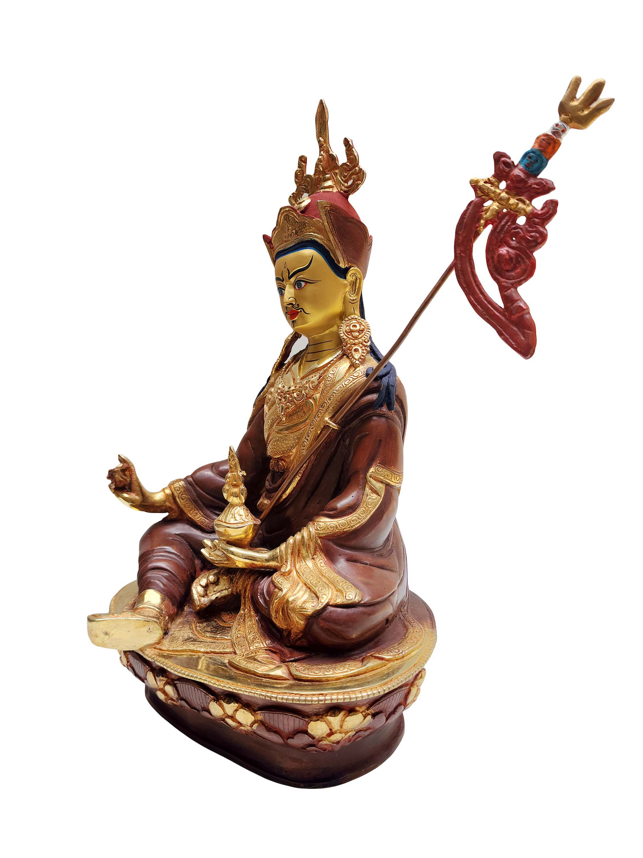 Padmasambhava, Buddhist Handmade Statue, Extra Gold On Base, partly Gold Plated, Face Painted