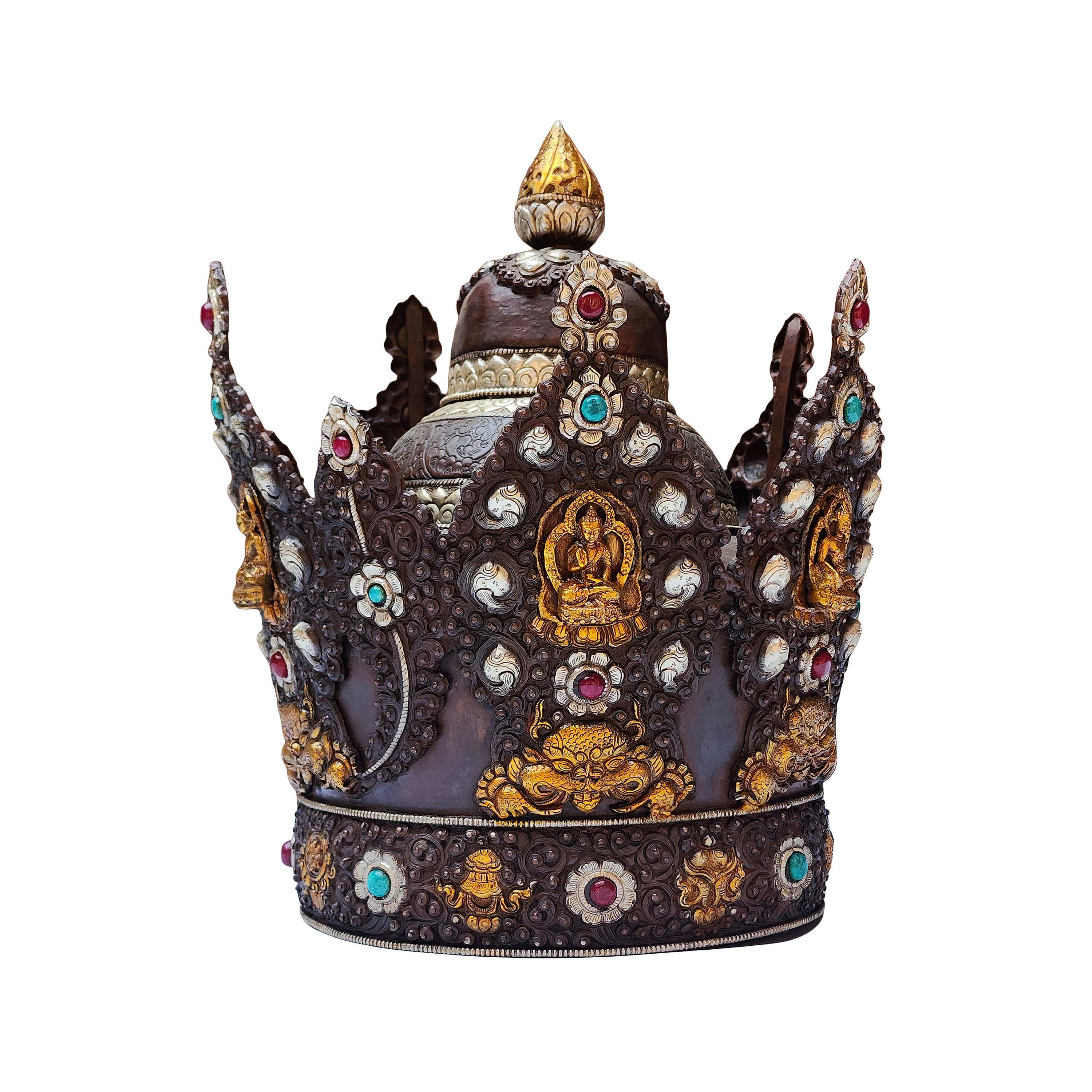 crown With Gem-encrusted, Handmade Buddhist Crown With Vairochana Buddha Design, Copper, Gold And Silver Plated