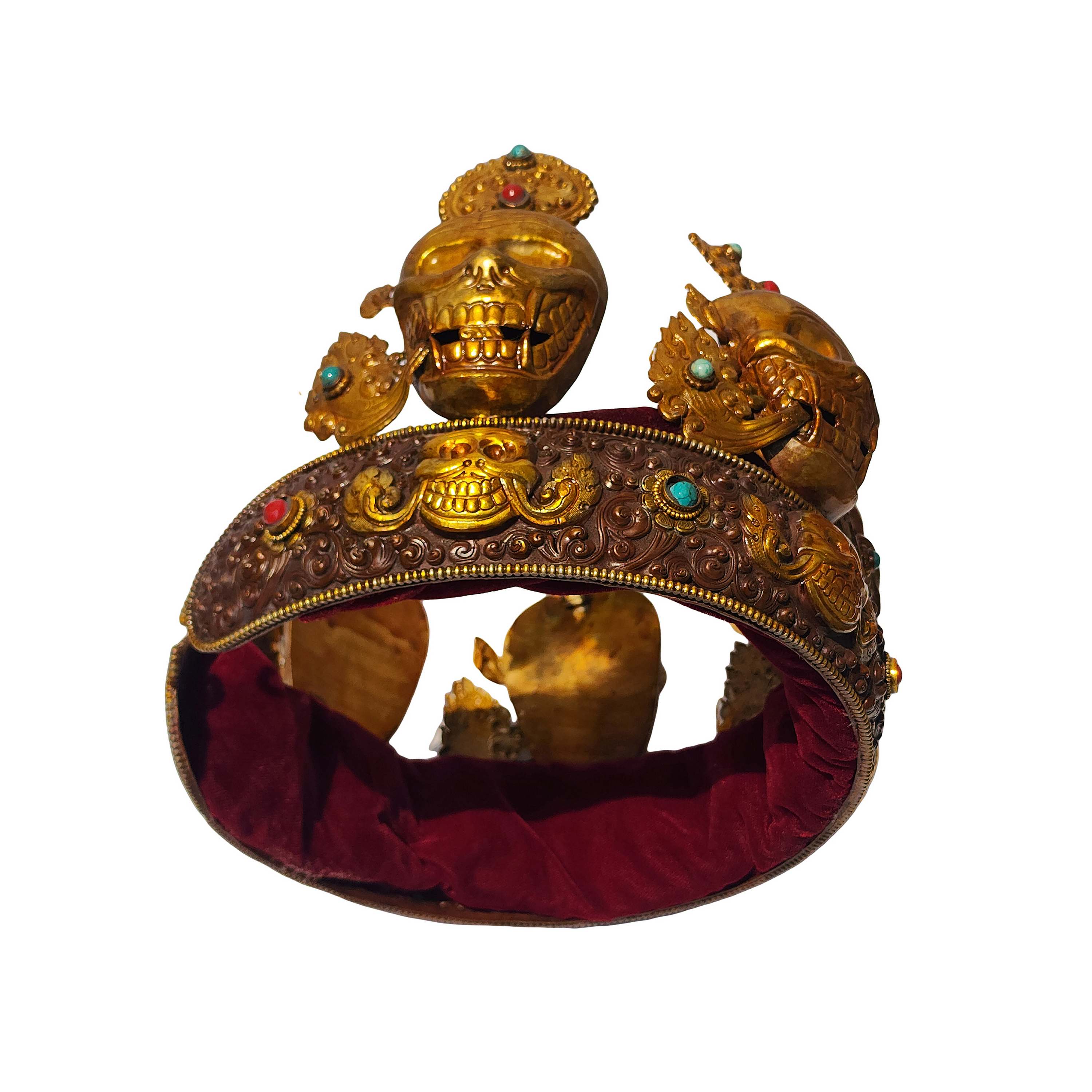 crown With Gem-encrusted, Handmade Buddhist Crown With Skull Design, Copper And Brass, Gold Plated