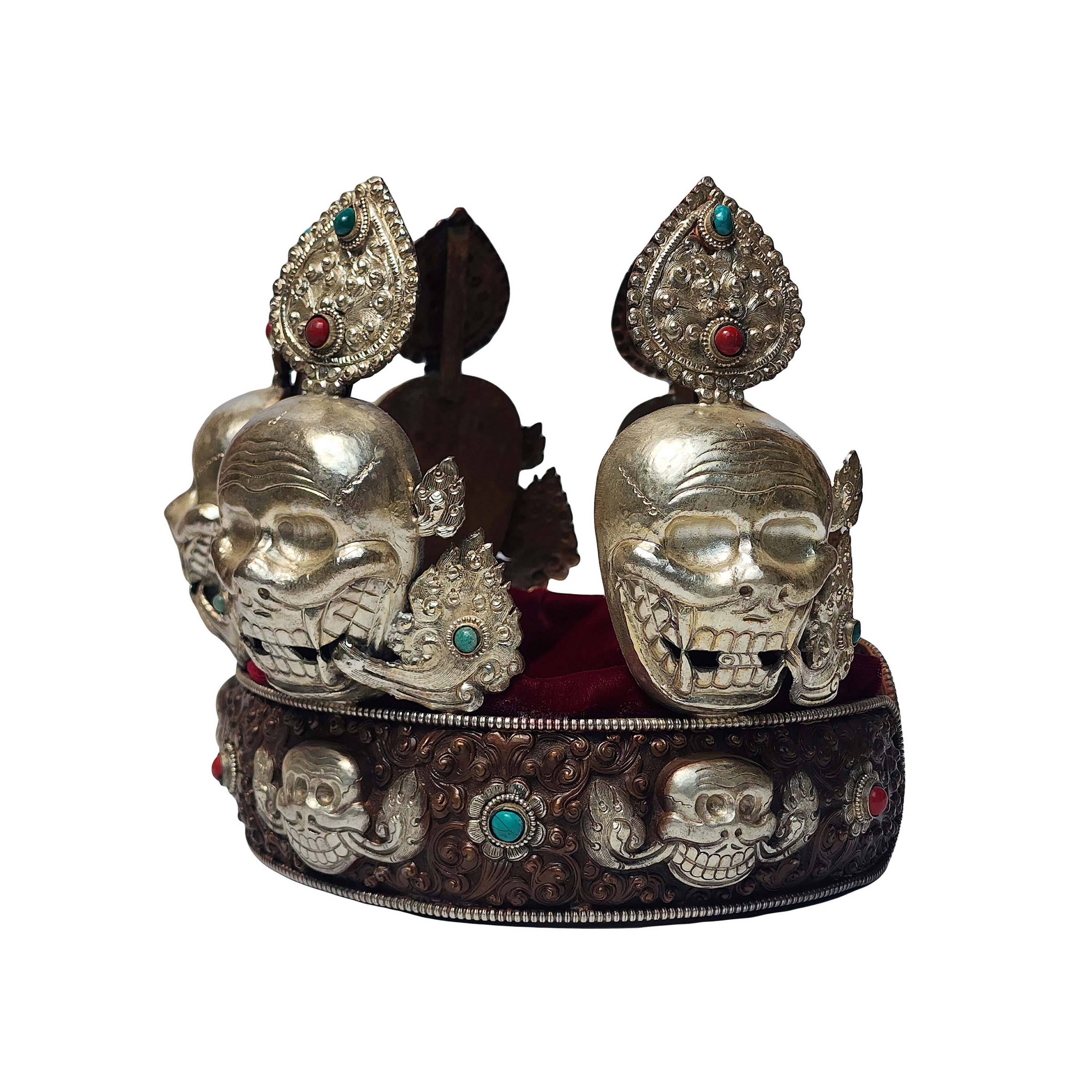 crown With Gem-encrusted, Handmade Buddhist Crown With Skull Design, Full Copper And Silver Plated
