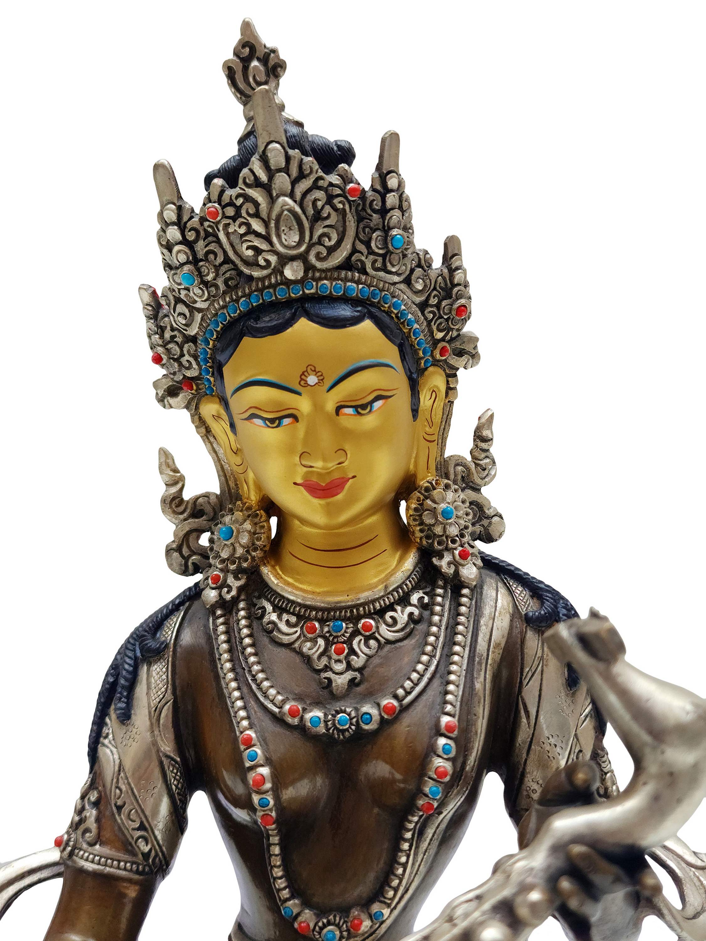 Saraswati Statue, Nepali Handmade Statue, silver And Chocolate Oxidized, face Painted