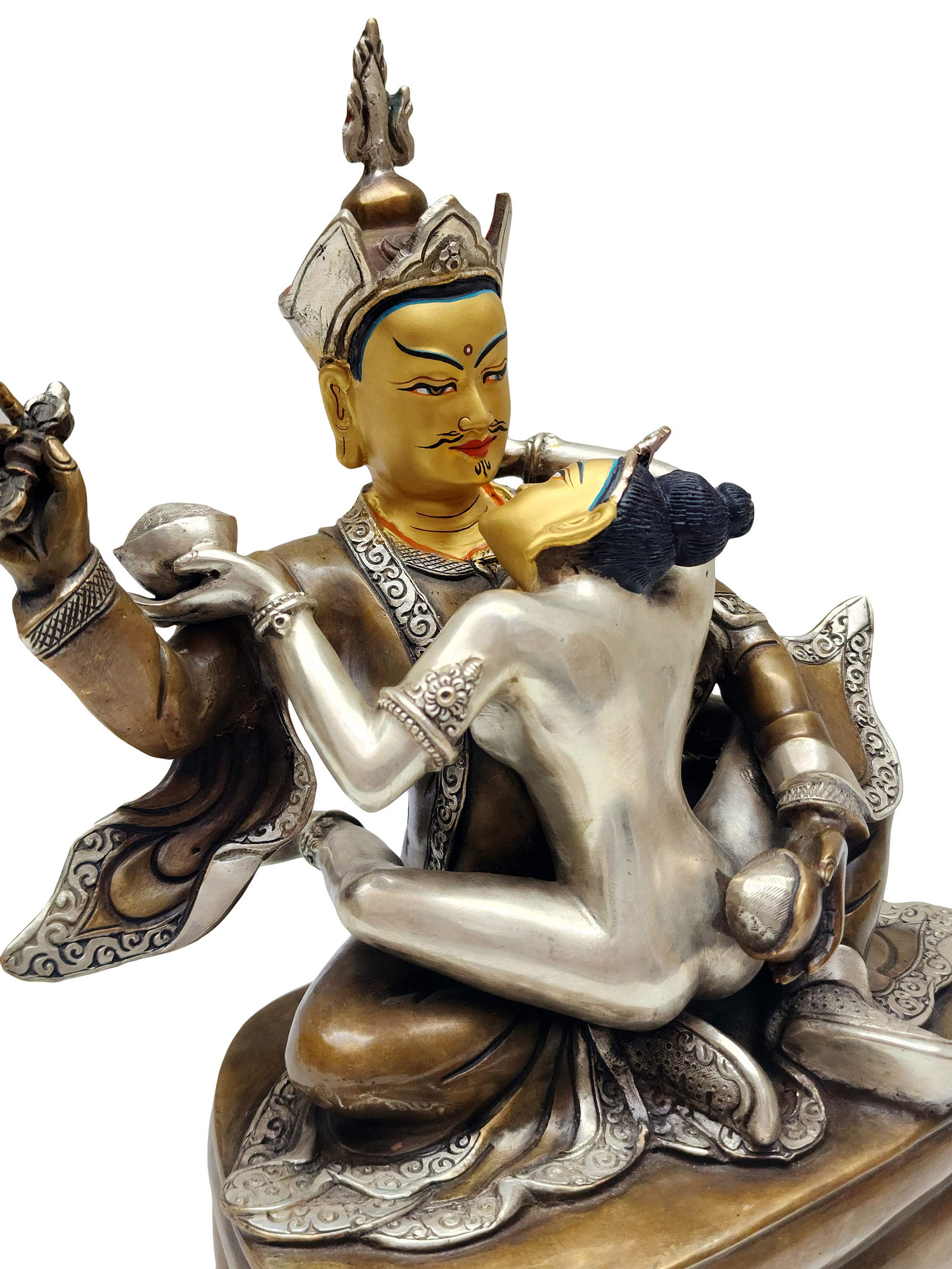 Padmasambhava Shakti Statue, A Buddhist Handmade Statue, silver And Chocolate Oxidized, face Painted