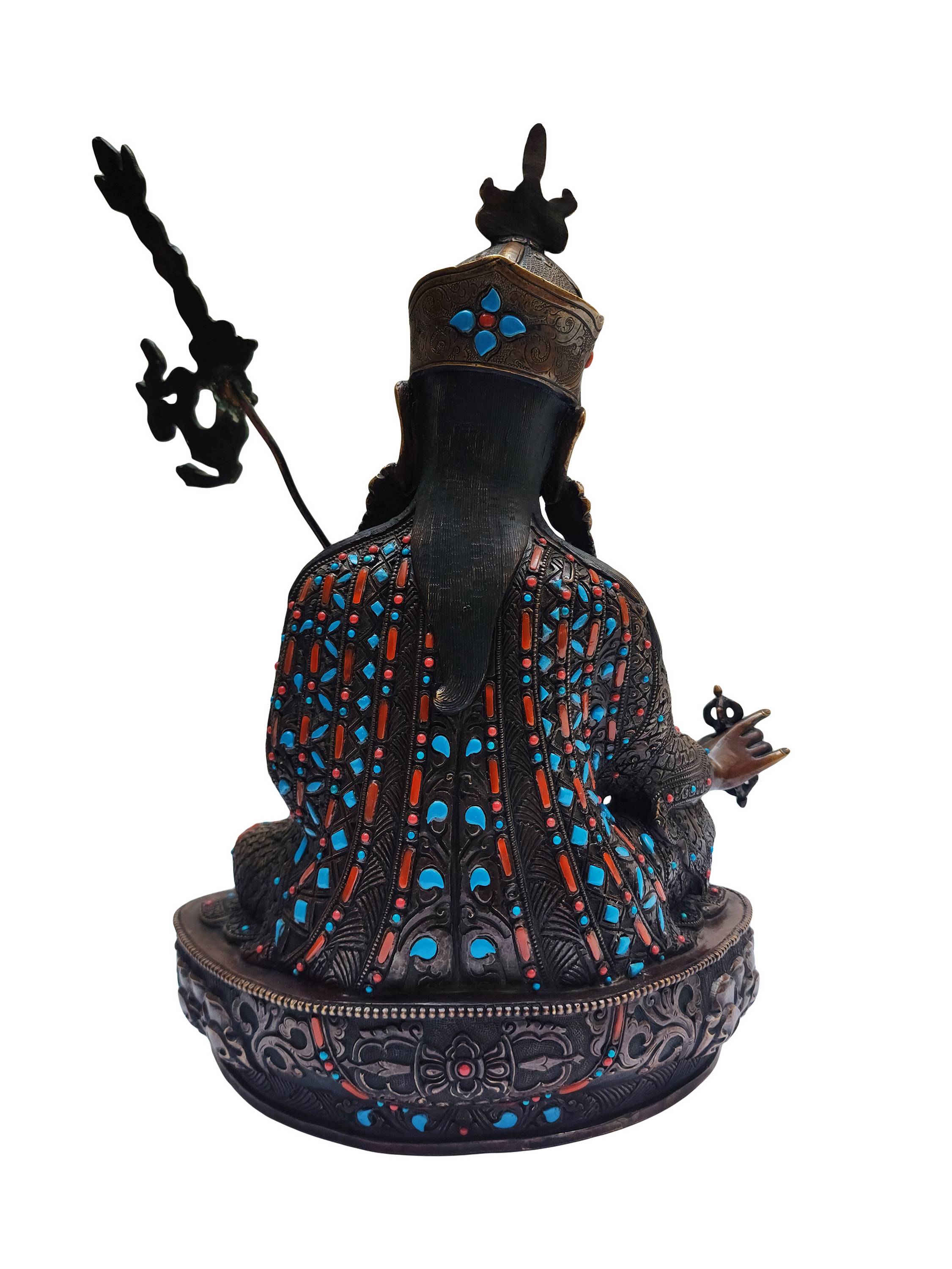 Padmasambhava Statue, A Buddhist Handmade Statue, chocolate Oxidized, stone Setting