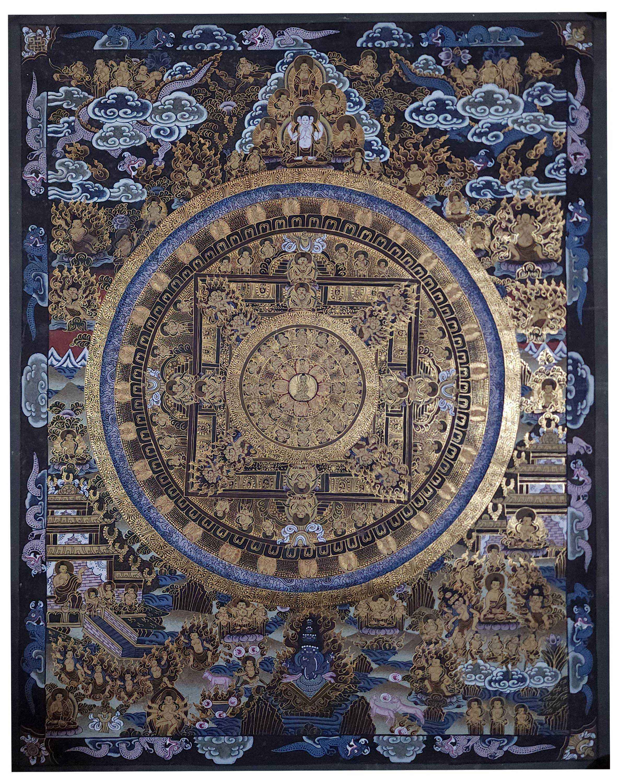 old Stock, Mandala Thangka, Buddhist Handmade Thangka, Hand Painted, Antique, Real Gold